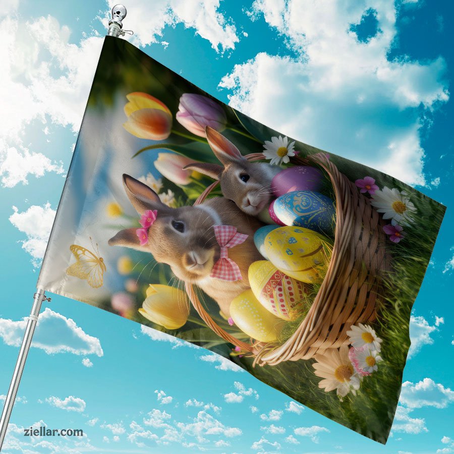 Easter Bunny and Basket of Eggs Surrounded by Flowers Spring Home Decor