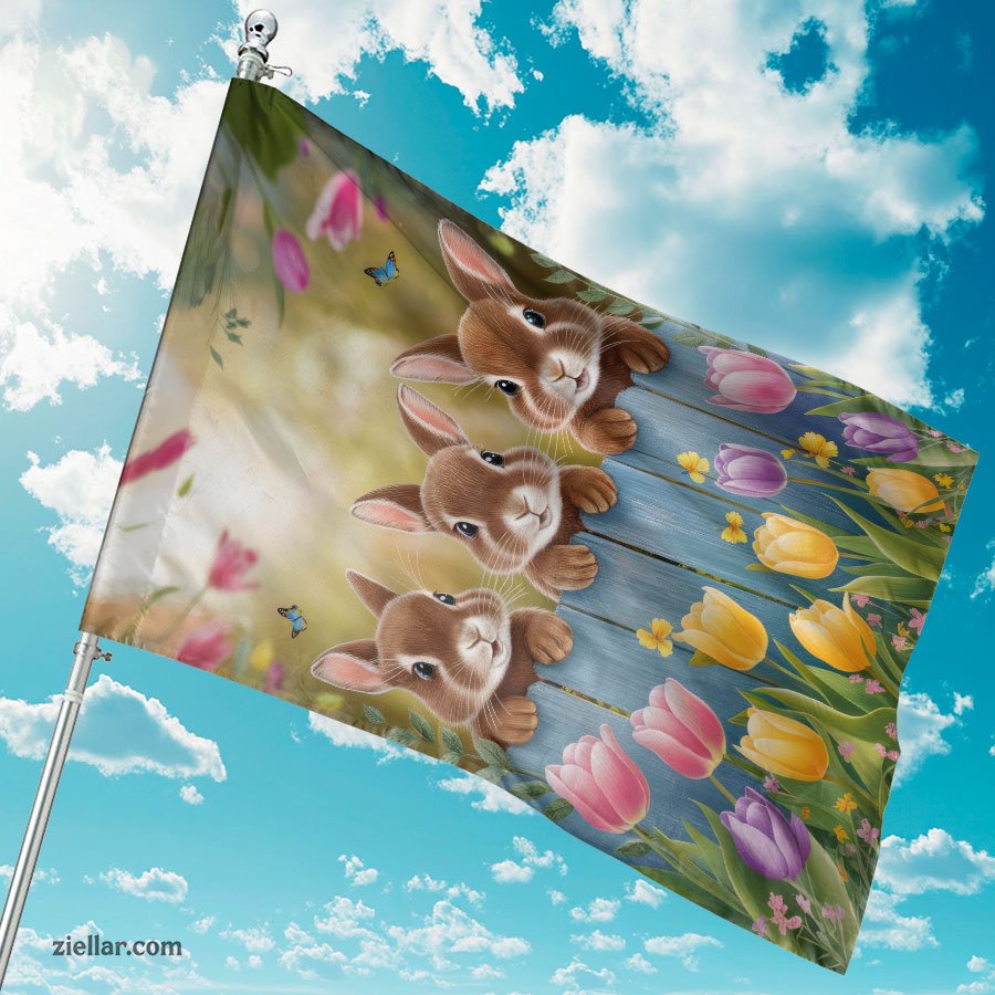 Easter Three Bunnies on a Fence with Colorful Flowers Spring Decor Decoration