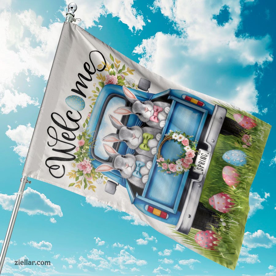 Easter Welcome Bunnies in Blue Truck Rustic Spring Decor for Home or Outdoor