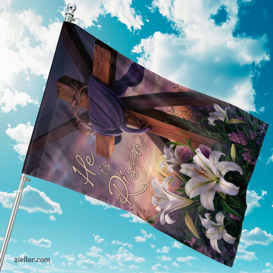 Easter _He is Risen_ Cross with Purple Cloth and Lilies Religious Wall Art