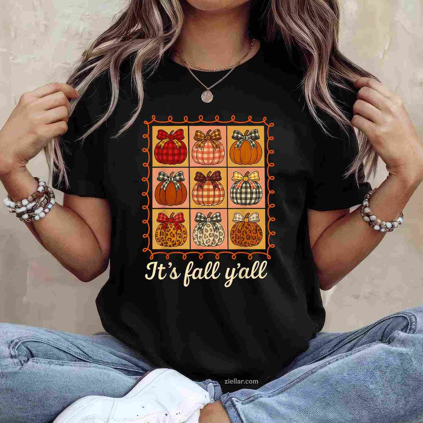 Fall Autumn_ It's Fall Y'all Stamp Pumpkin Cozy Bow T-Shirt and Tee for Adults Men Women Unisex