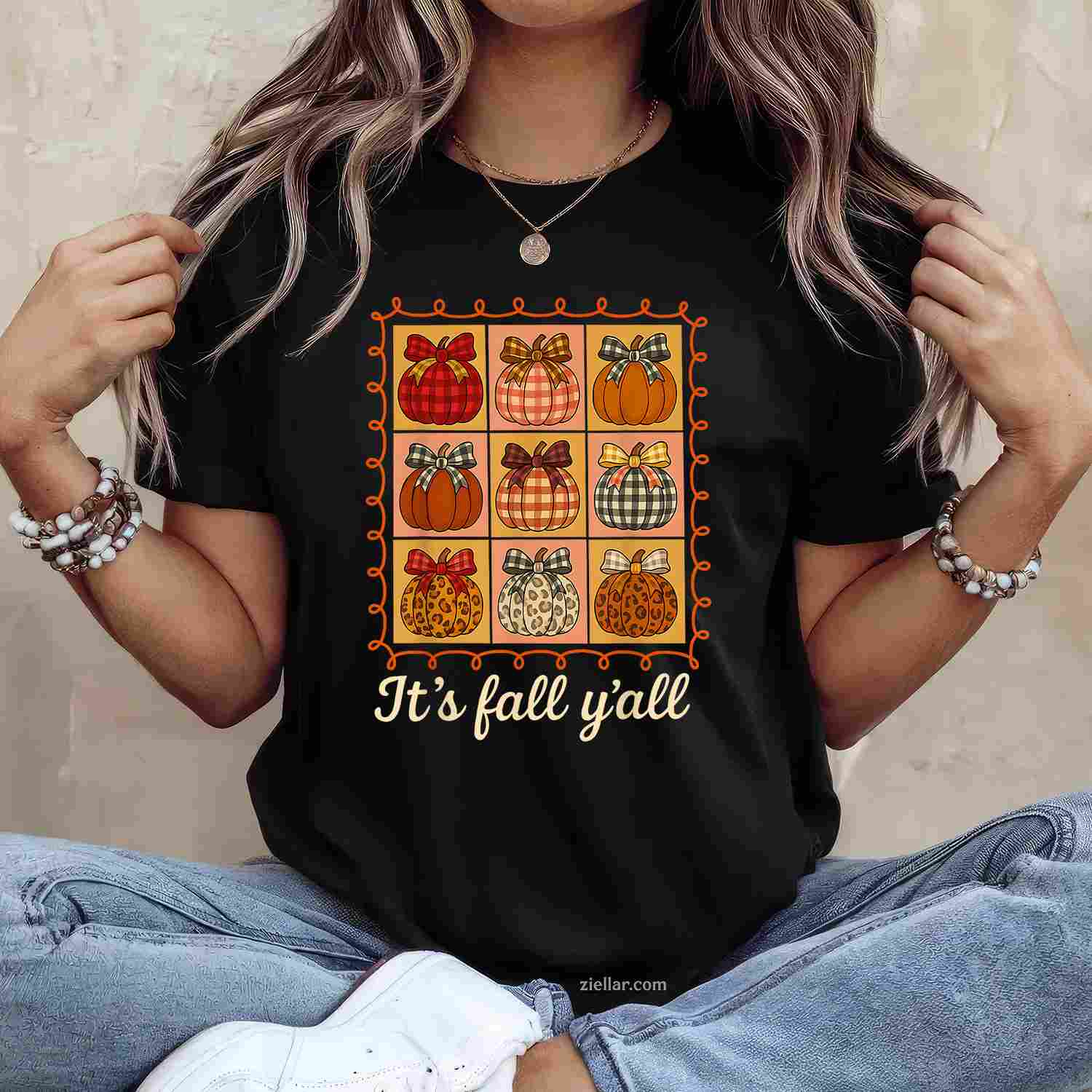 Fall Autumn_ It's Fall Y'all Stamp Pumpkin Cozy Bow T-Shirt and Tee for Adults Men Women Unisex