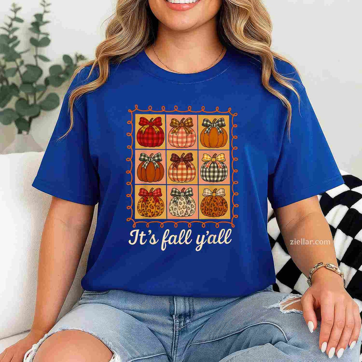Fall Autumn_ It's Fall Y'all Stamp Pumpkin Cozy Bow T-Shirt and Tee for Adults Men Women Unisex