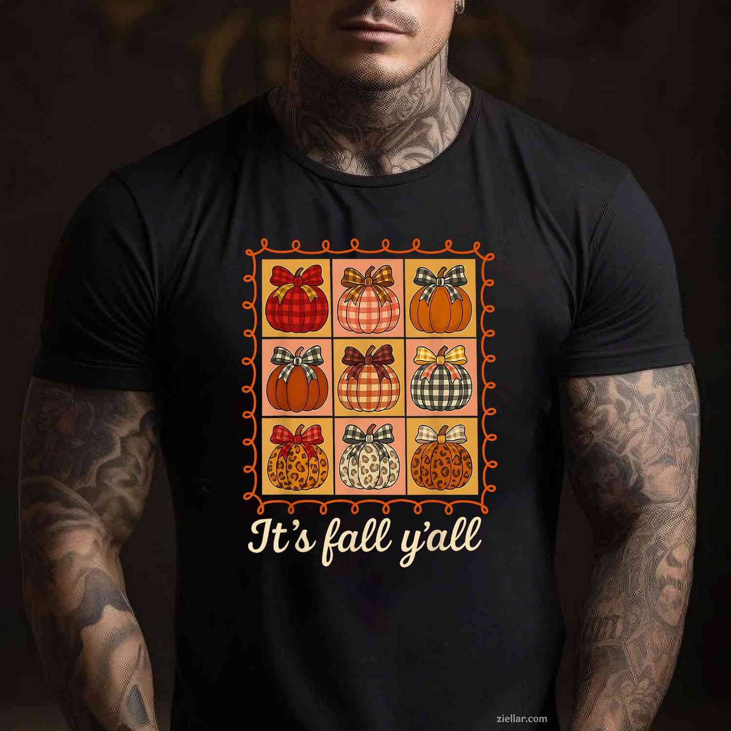 Fall Autumn_ It's Fall Y'all Stamp Pumpkin Cozy Bow T-Shirt and Tee for Adults Men Women Unisex