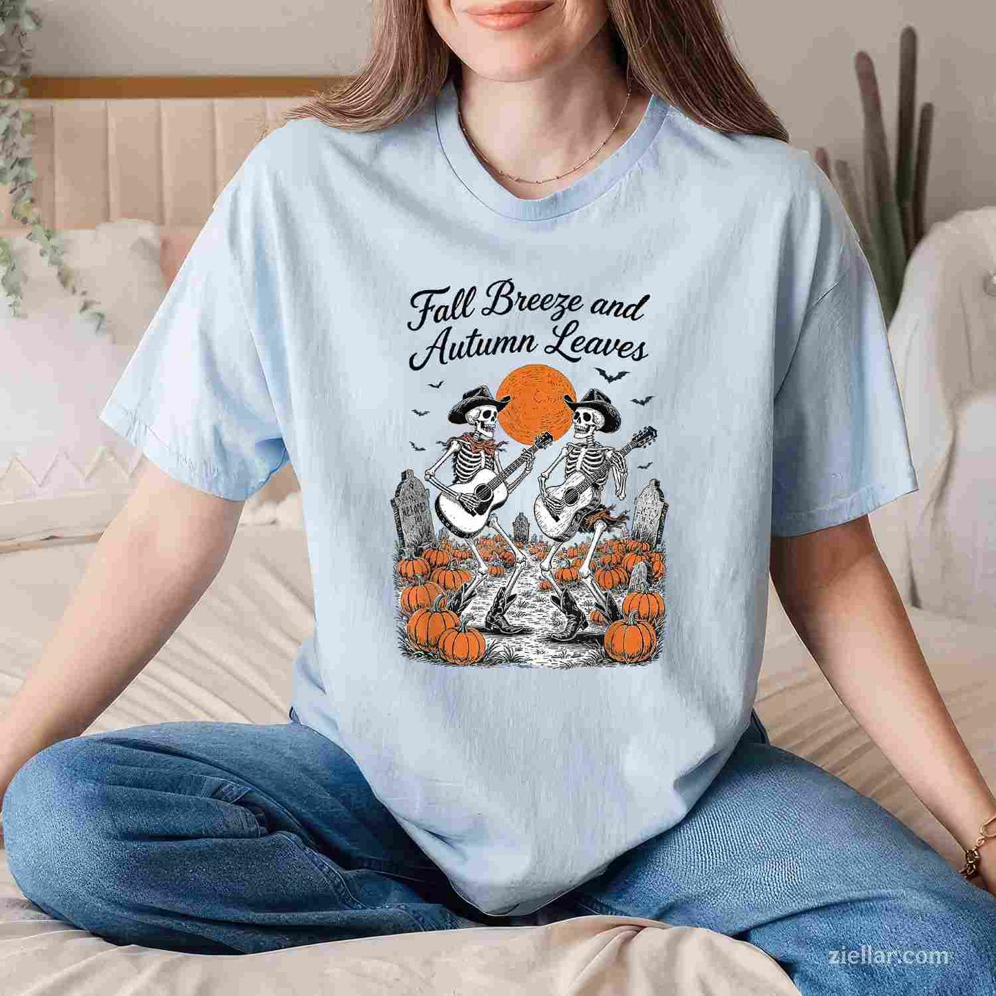Fall Breeze and Autumn Leaves Spooky Skeleton Fall Halloween T-Shirt and Tee for Adults Men Women Unisex