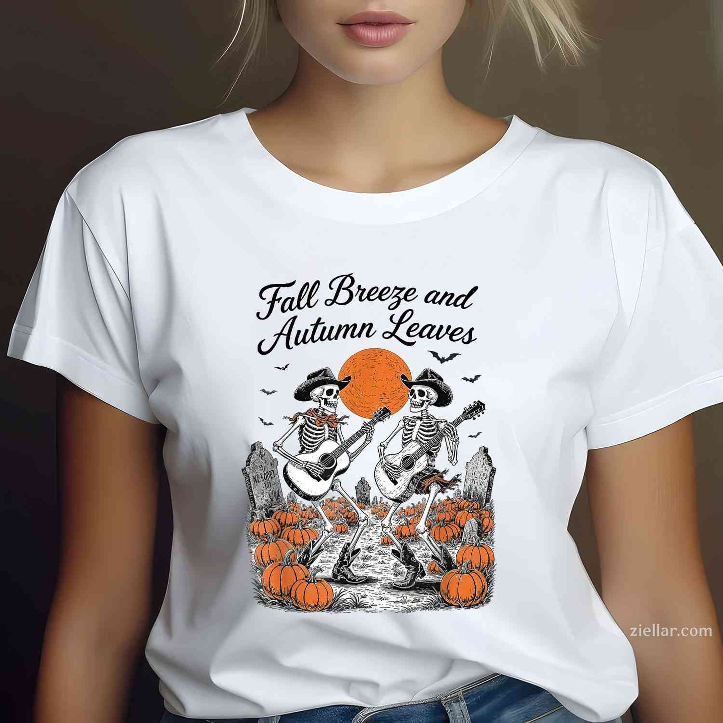 Fall Breeze and Autumn Leaves Spooky Skeleton Fall Halloween T-Shirt and Tee for Adults Men Women Unisex