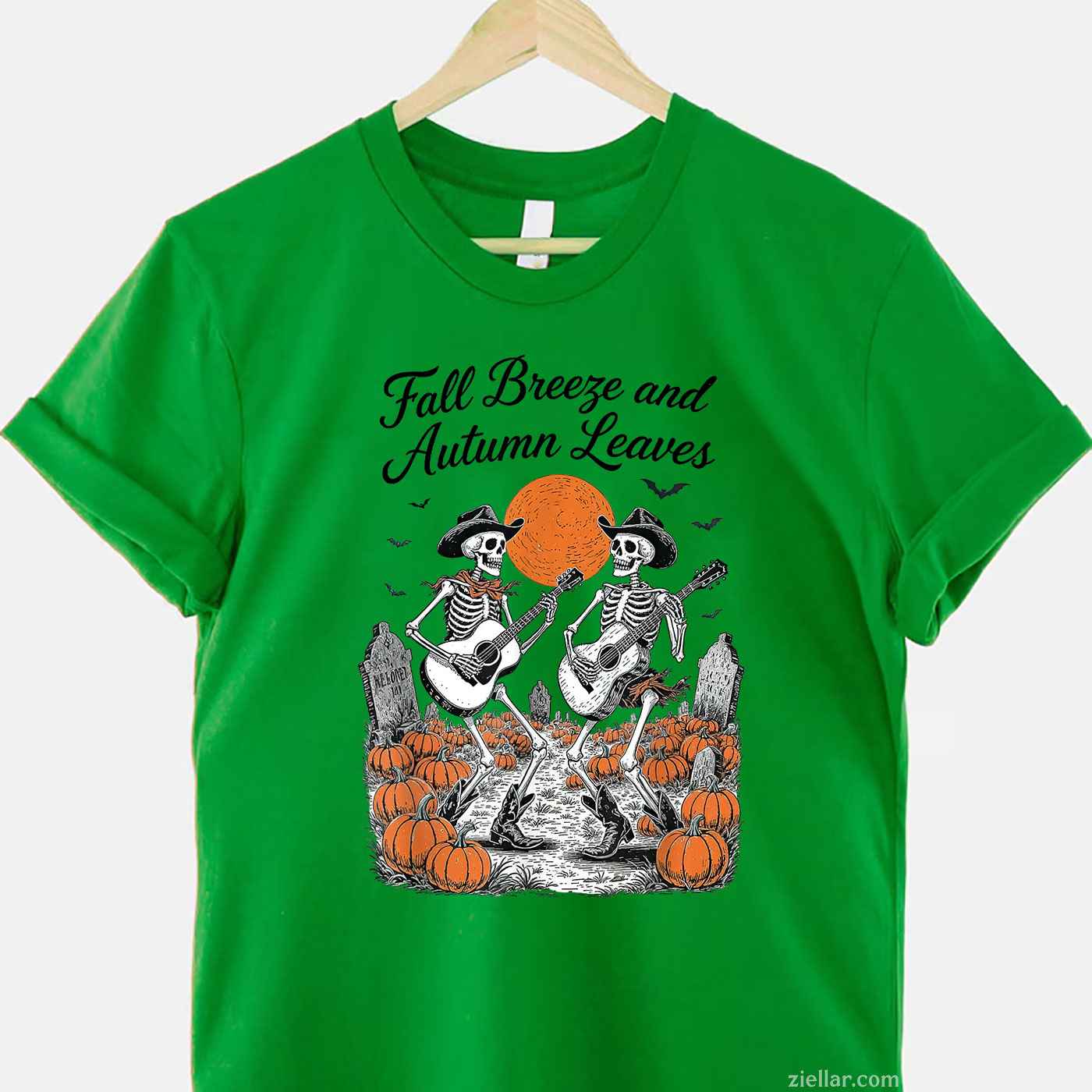 Fall Breeze and Autumn Leaves Spooky Skeleton Fall Halloween T-Shirt and Tee for Adults Men Women Unisex