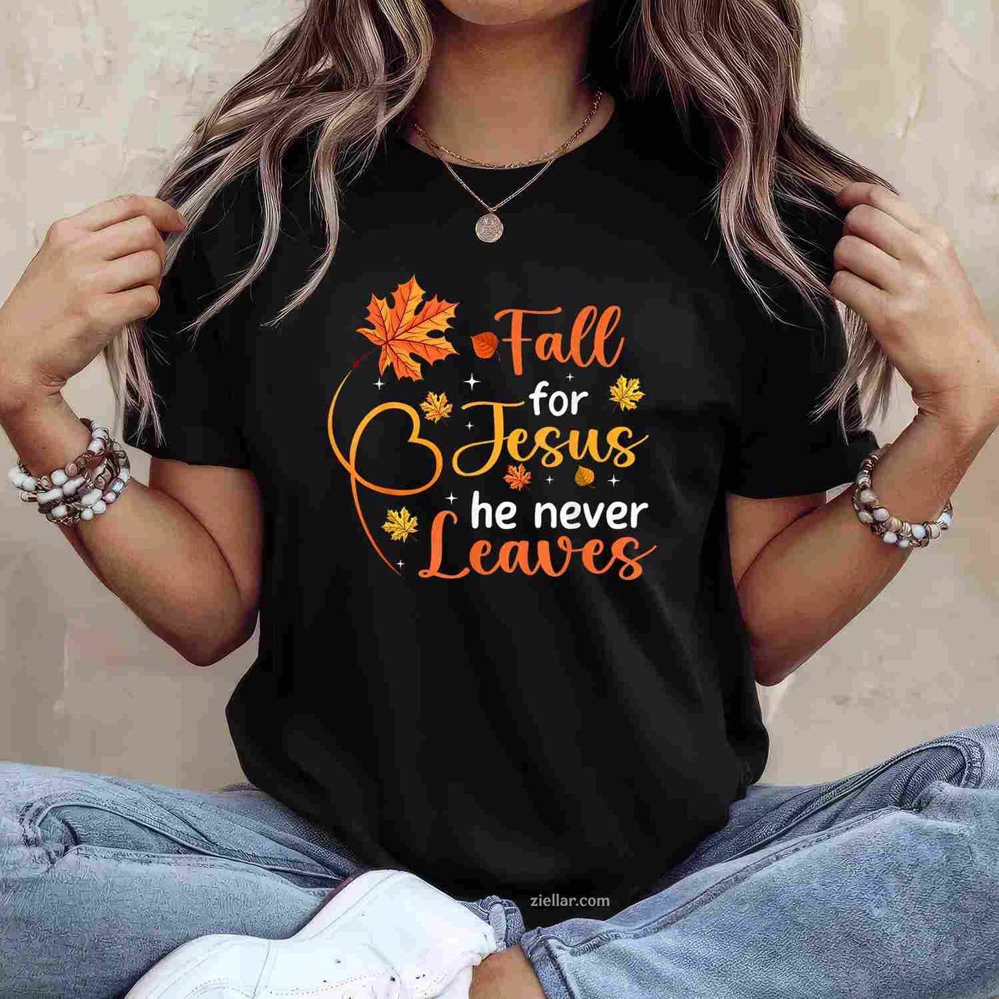 Fall For Jesus He Never Leaves Leaves Autumn Christian Women T-Shirt and Tee for Adults Men Women Unisex