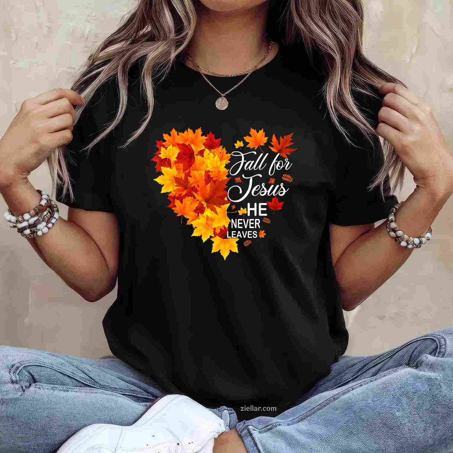 Fall For Jesus He Never Leaves Maple Autumn Heart Christian T-Shirt and Tee for Adults Men Women Unisex