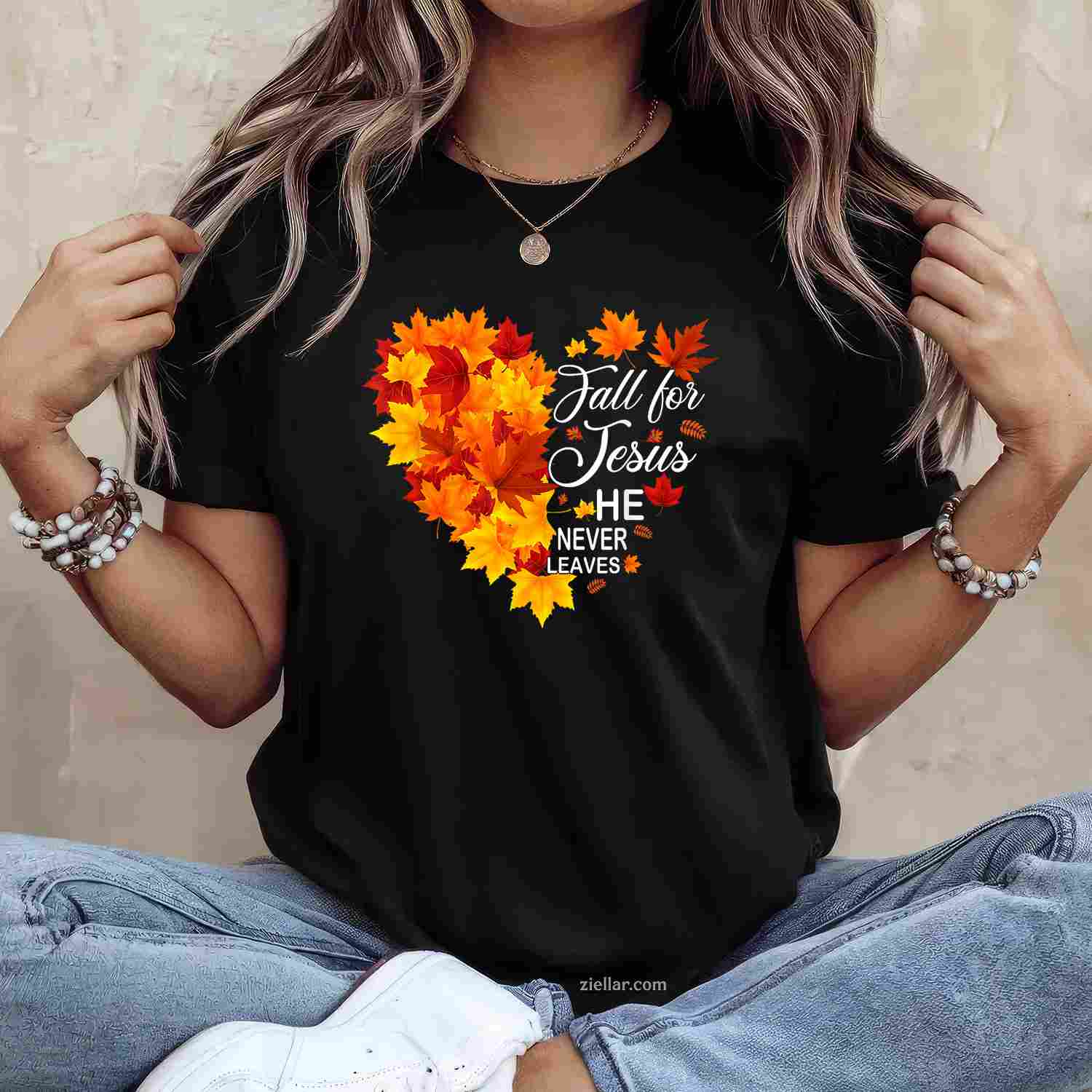 Fall For Jesus He Never Leaves Maple Autumn Heart Christian T-Shirt and Tee for Adults Men Women Unisex