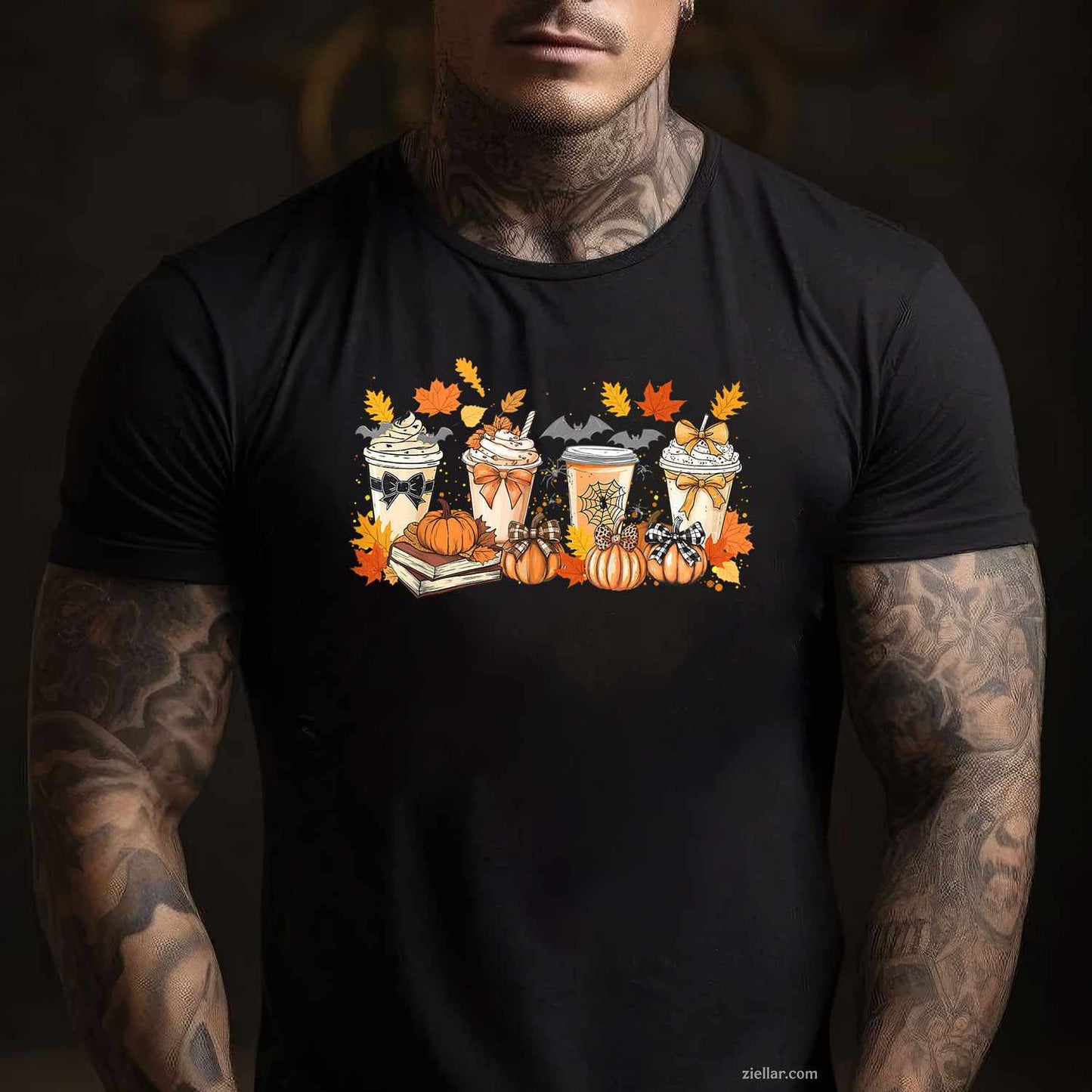 Fall Pumpkin Spice Coffee Latte Bow Book Lover Spooky Season T-Shirt and Tee for Adults Men Women Unisex