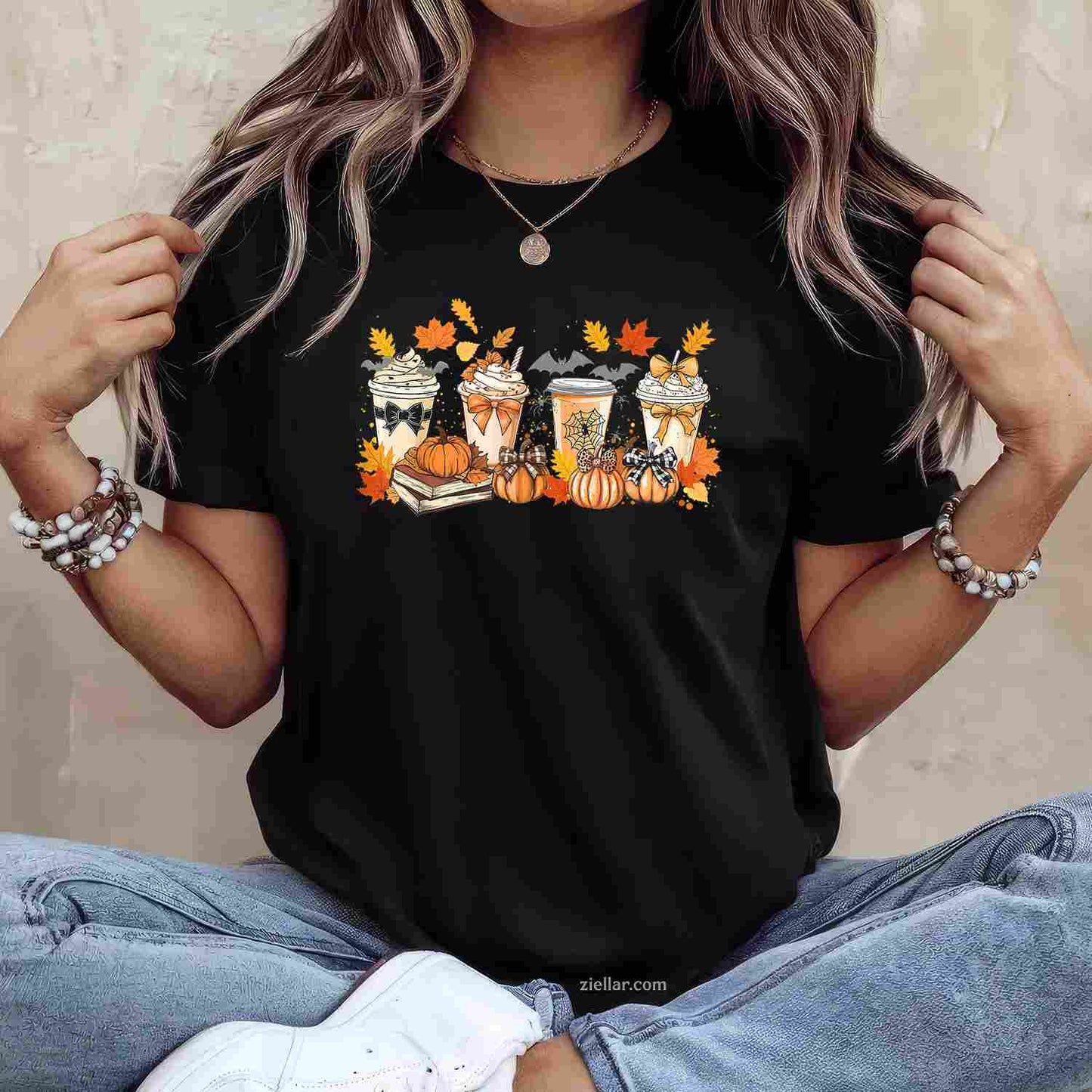 Fall Pumpkin Spice Coffee Latte Bow Book Lover Spooky Season T-Shirt and Tee for Adults Men Women Unisex