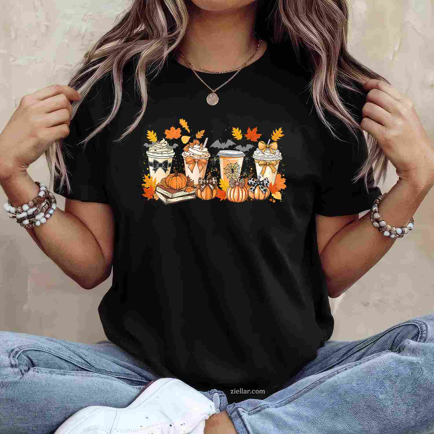 Fall Pumpkin Spice Coffee Latte Bow Book Lover Spooky Season T-Shirt and Tee for Adults Men Women Unisex