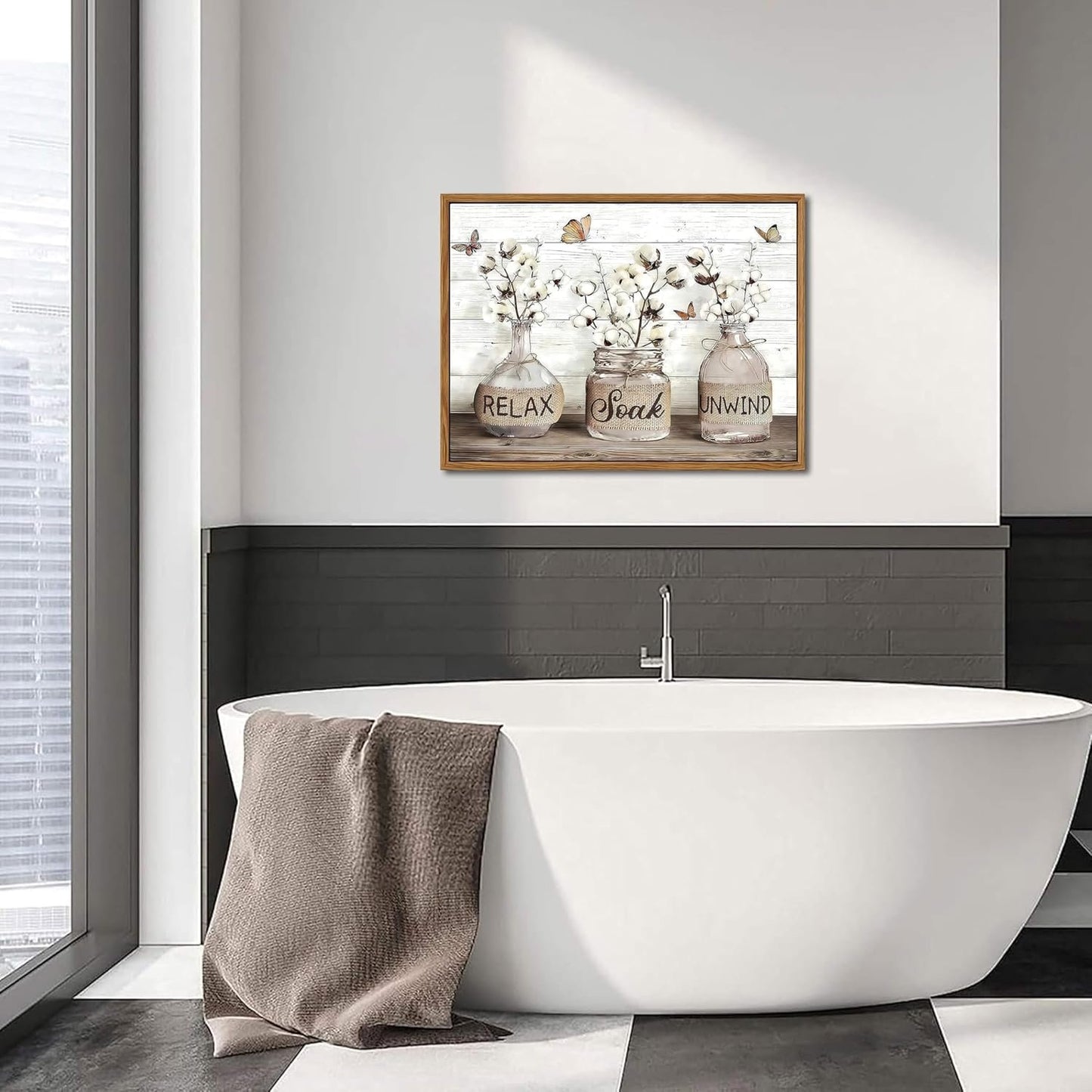 Farmhouse Bathroom Poster and Canvas, Rustic Cotton Flower Wall Art, Relax Soak Unwind Quote Canvas Print Country Home Decor 12x16 Inch