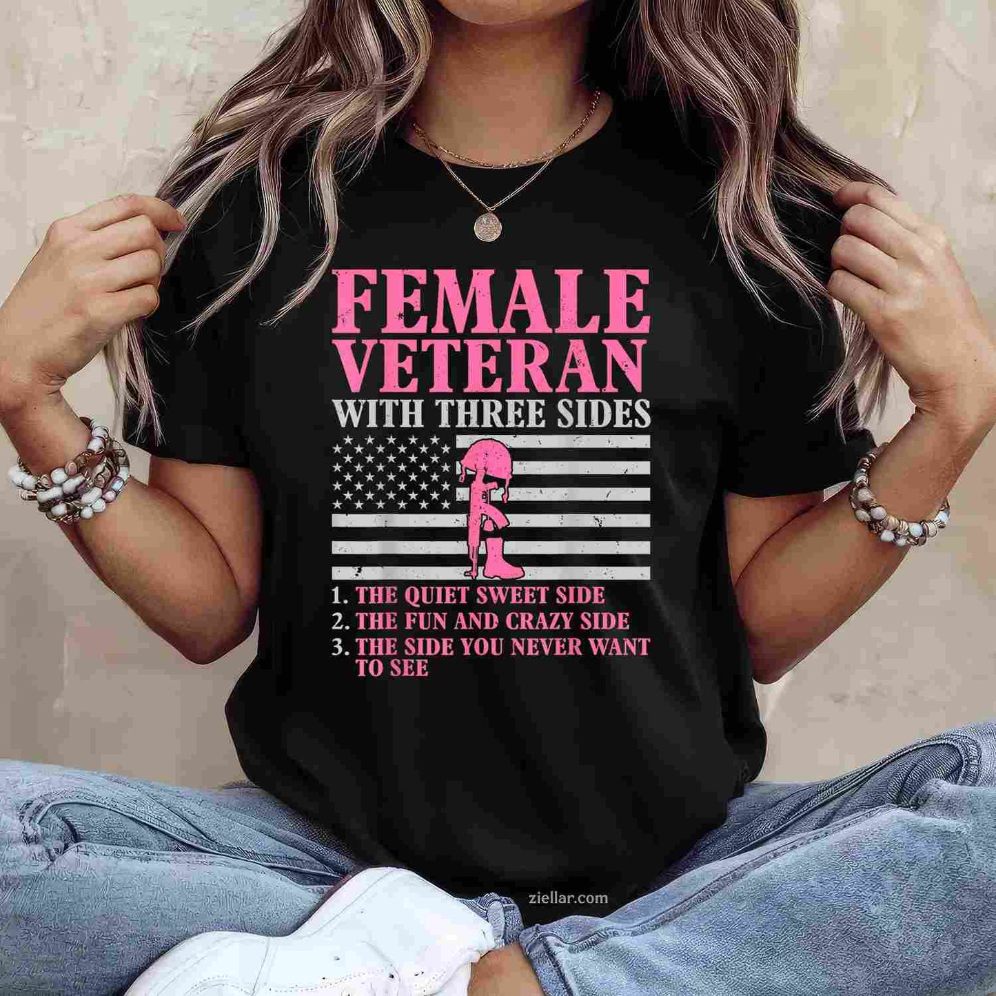 Female Veteran With Three Sides Women Veteran Mother Grandma T-Shirt And Tee