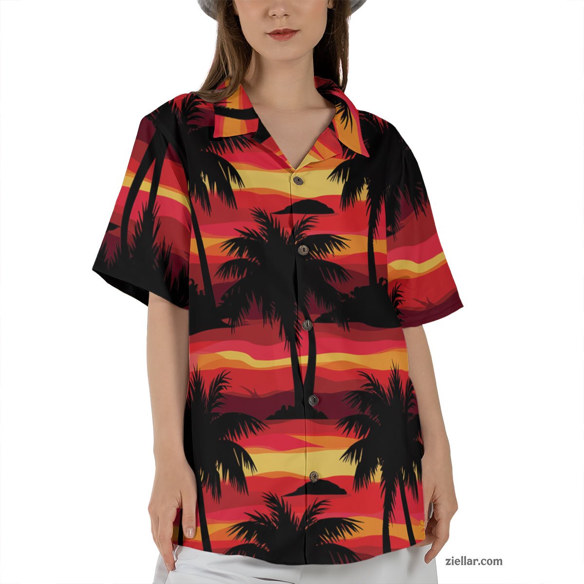 Fiery Palm Sunset Hawaiian Shirt and Tee, Tropical Summer Vacation Gift