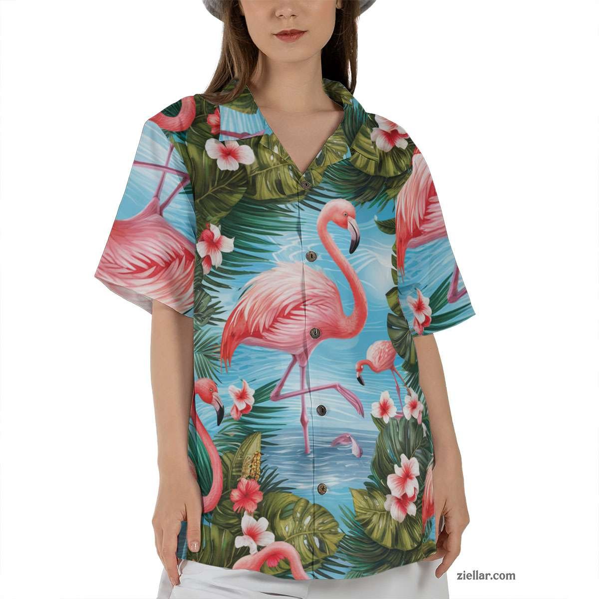 Flamingo Palm Leaf Hawaiian Shirt Tee, Summer Beach Party Outfit Gift