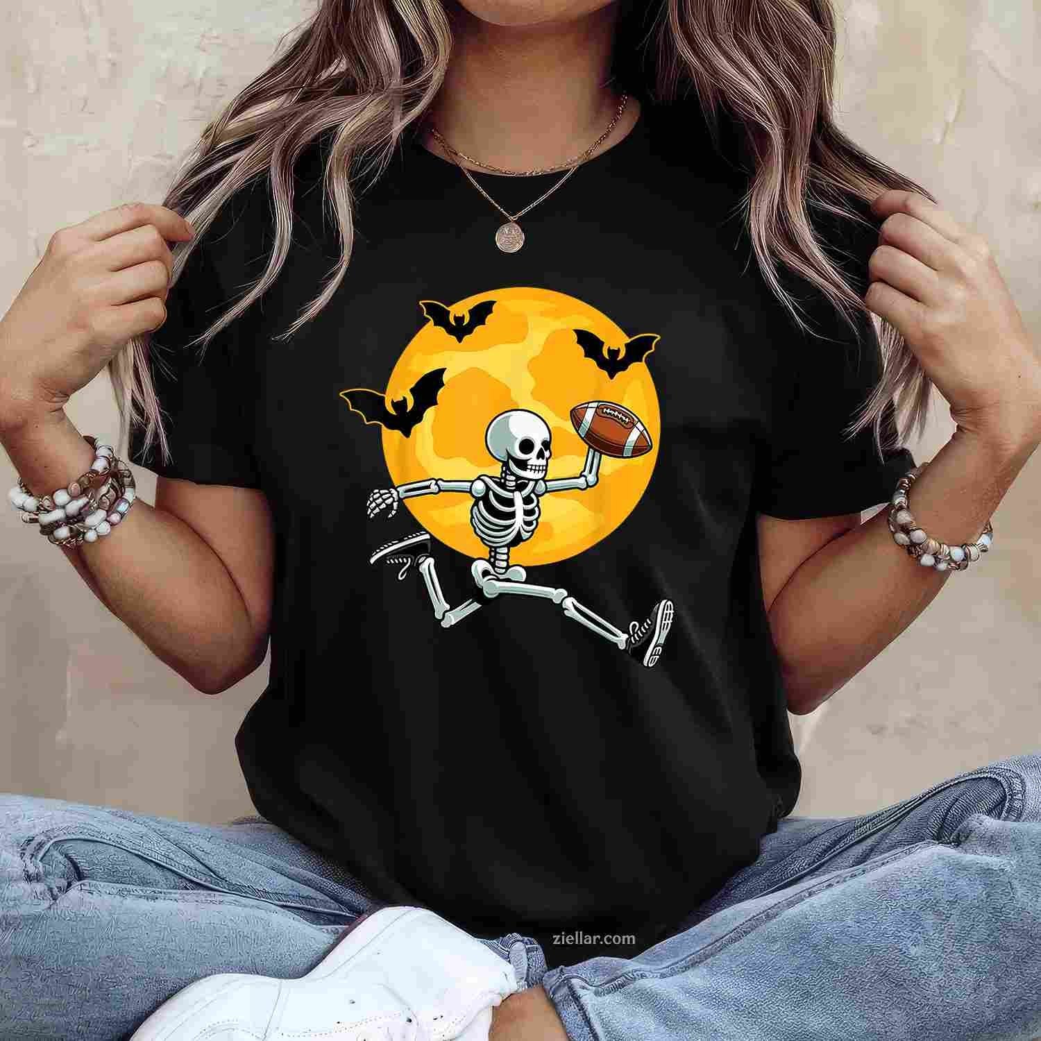 Football Skeleton Halloween Football Player Halloween Tee, Halloween T-Shirt for Men Women Adults Unisex, Trendy Graphic Apparel, Unique Gift Idea