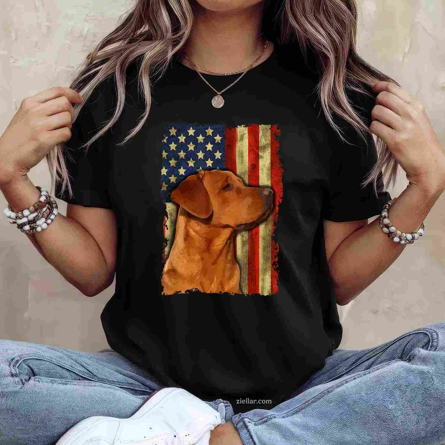 Foxred Labrador Retriever Us Flag T-Shirt, Fox Red Labrador Dog Lover Vintage Graphic Tee For Adults