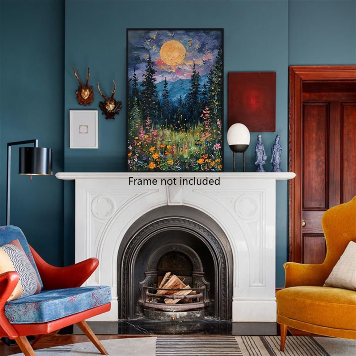 Full Moon Poster and Canvas, Midnight Wildflower Forest Landscape Wall Art, Nature-Inspired Dark Floral Canvas Print Home Decor