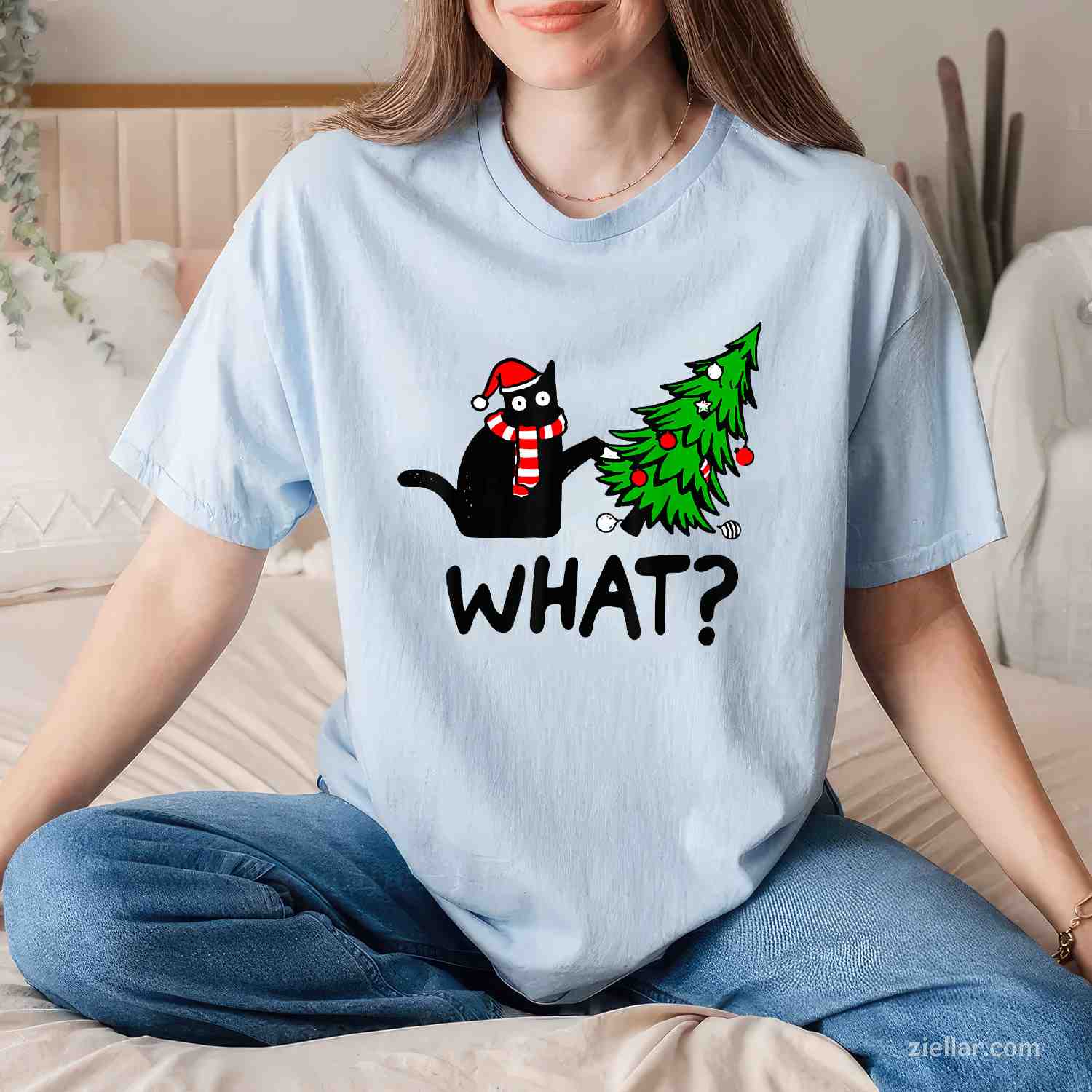 Funny Black Cat Gift Pushing Christmas Tree Over T-Shirt, A What_ Cat Lover Christmas Tee For Men And Women