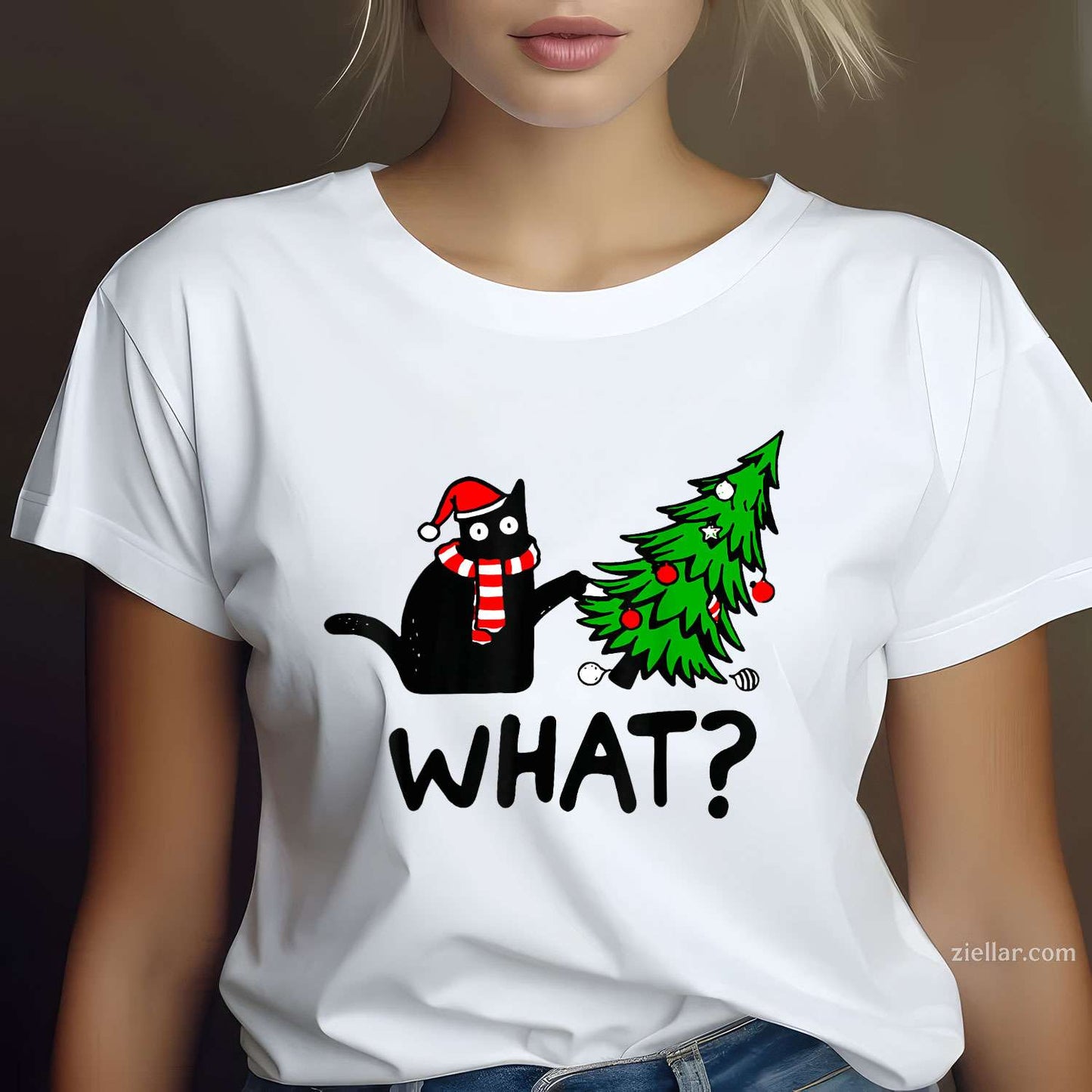 Funny Black Cat Gift Pushing Christmas Tree Over T-Shirt, A What_ Cat Lover Christmas Tee For Men And Women