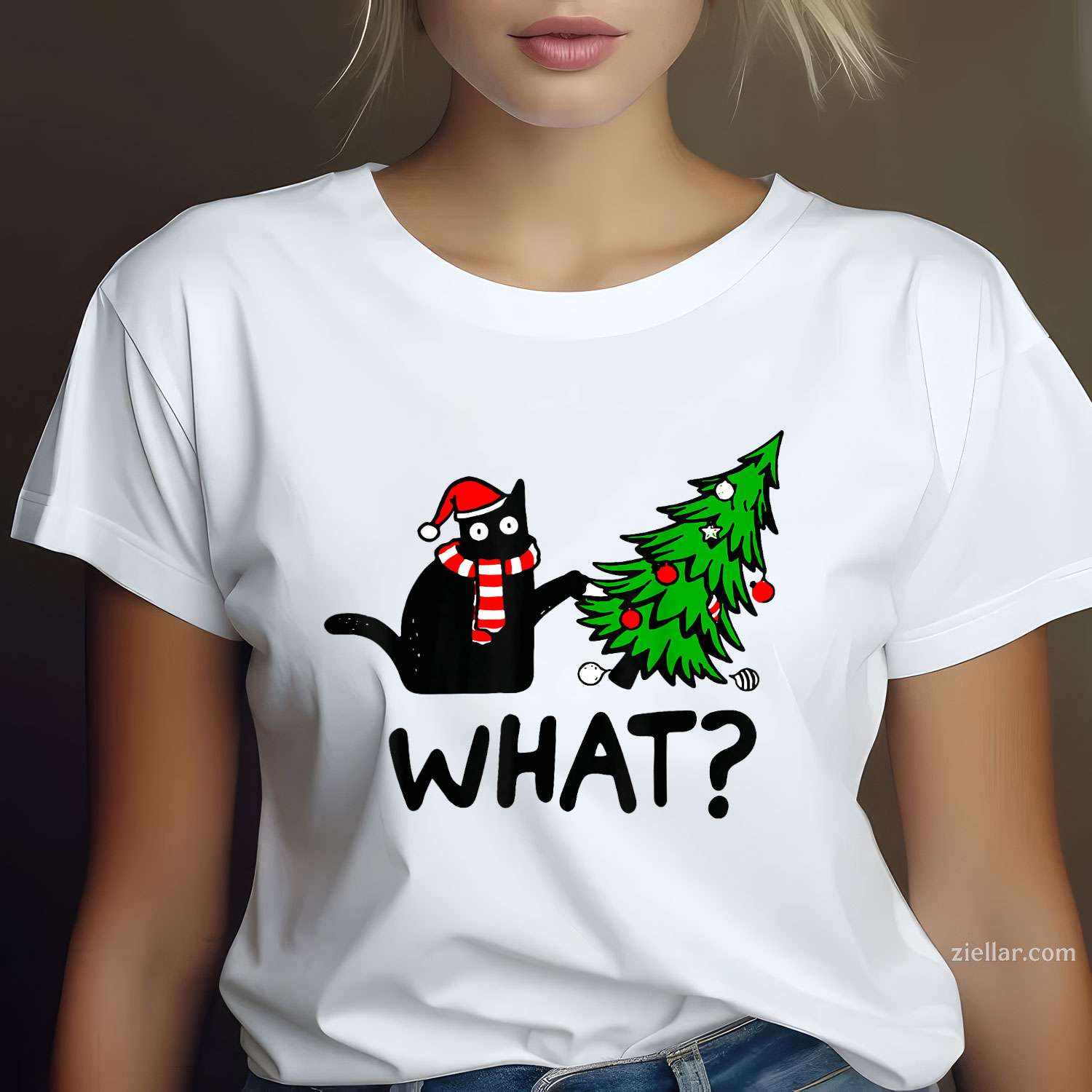 Funny Black Cat Gift Pushing Christmas Tree Over T-Shirt, A What_ Cat Lover Christmas Tee For Men And Women