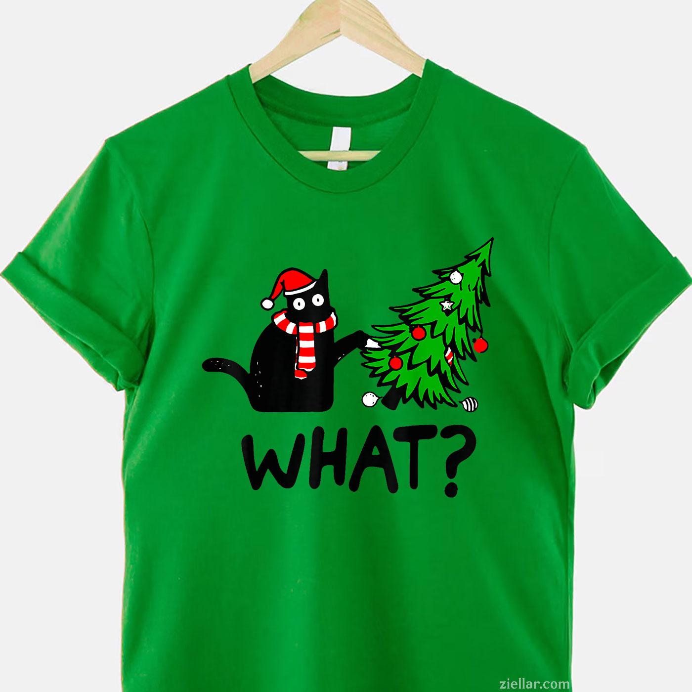 Funny Black Cat Gift Pushing Christmas Tree Over T-Shirt, A What_ Cat Lover Christmas Tee For Men And Women