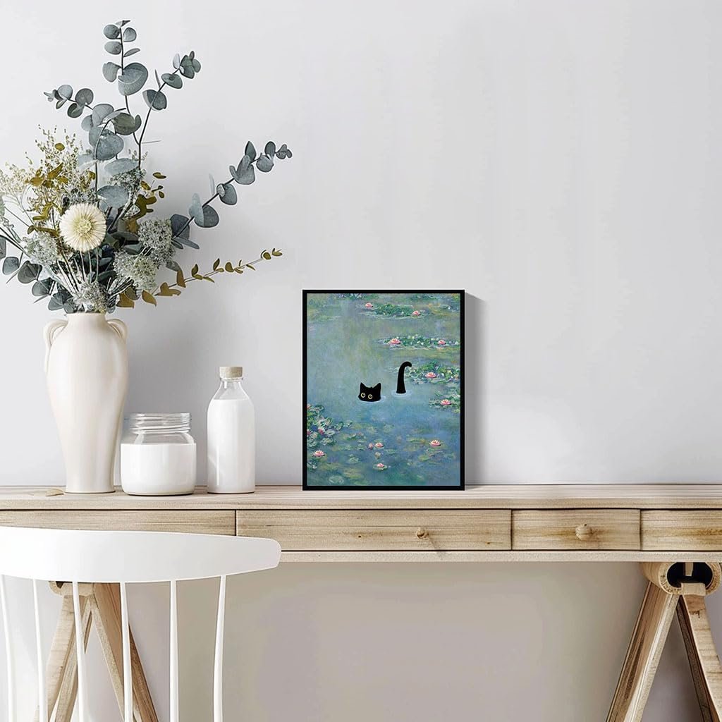 Funny Cat Poster and Canvas, Monet Water Lilies Print, Aesthetic Vintage Cat Wall Art for Living Room or Bathroom