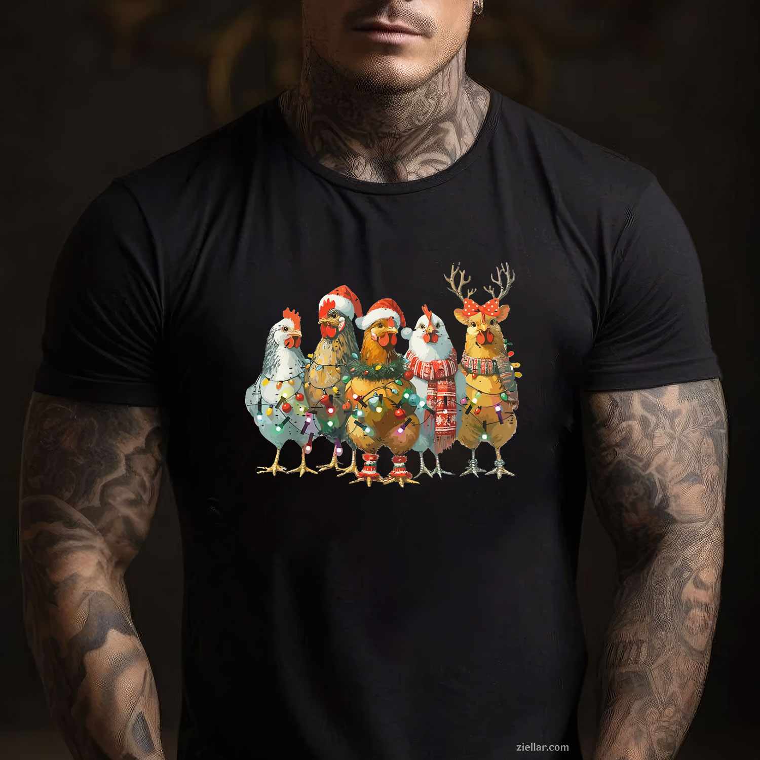 Funny Chicken Christmas Lights Farm Animal Cute Xmas Holiday T-Shirt, A Cute Farm Animal Chicken Christmas Tee
