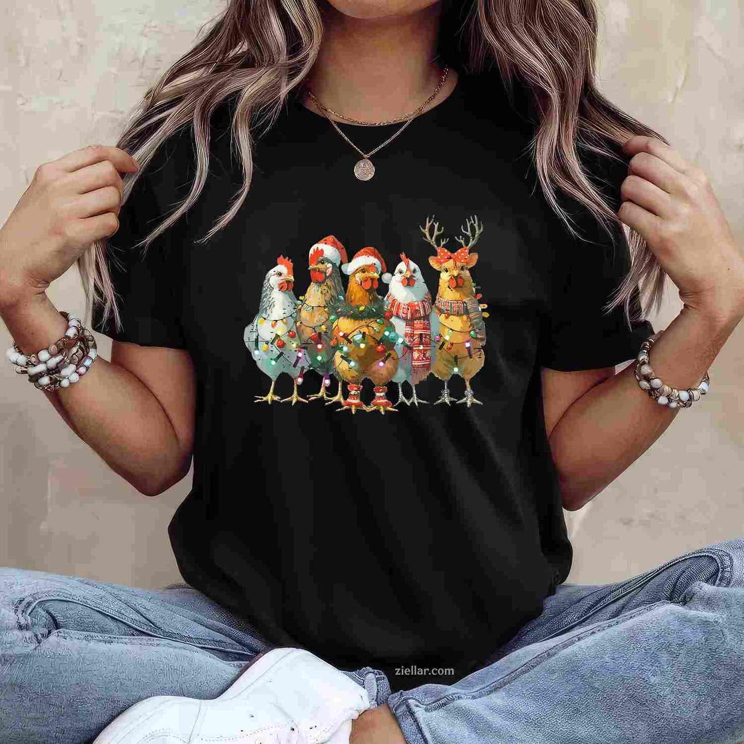 Funny Chicken Christmas Lights Farm Animal Cute Xmas Holiday T-Shirt, A Cute Farm Animal Chicken Christmas Tee