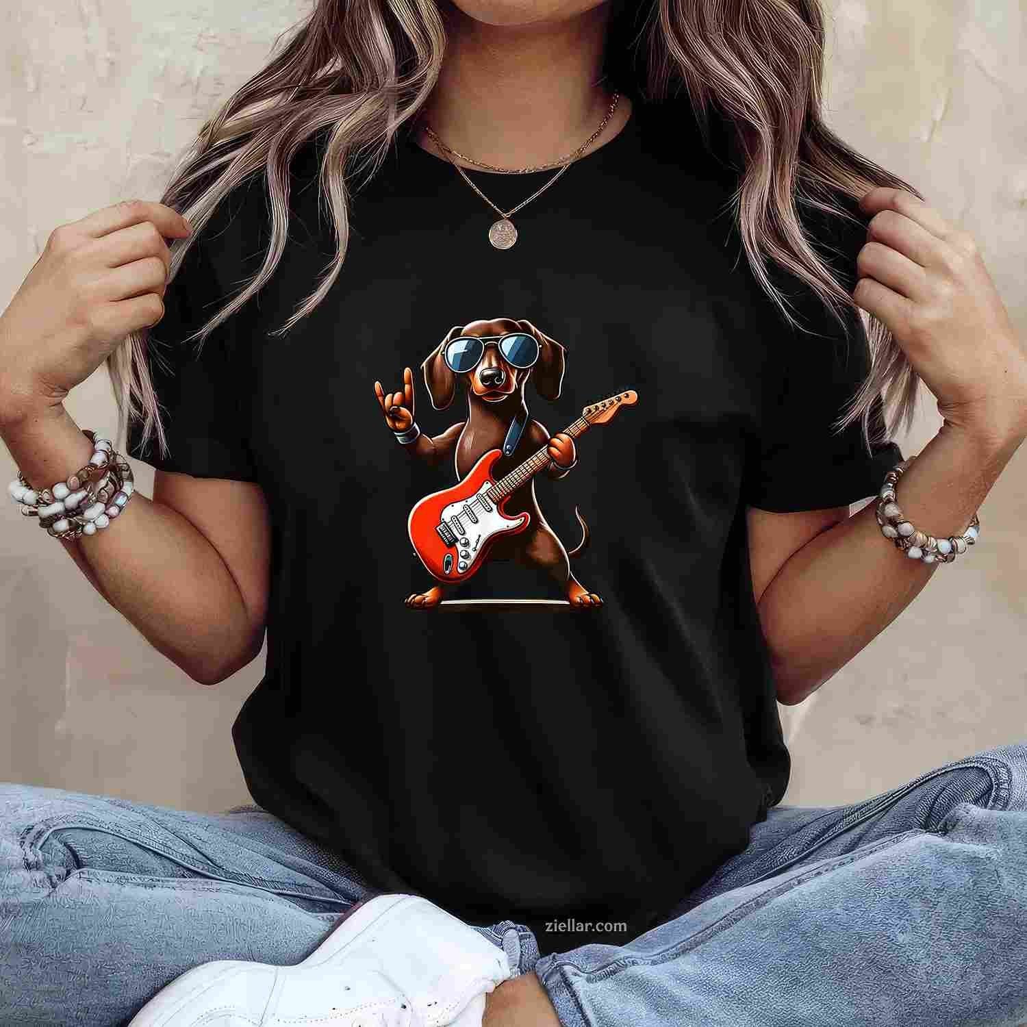Funny Dachshund Dog Playing Guitar T-Shirt, Dachshund Lover Guitarist Vintage Graphic Tee For Adults