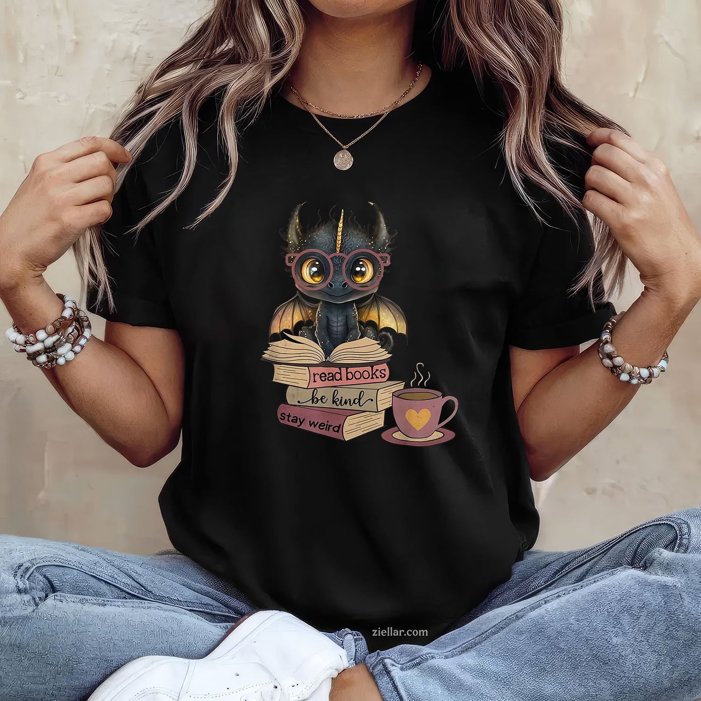 Funny Dragon Read Books Be Kind Stay Weird Book Lover T-Shirt