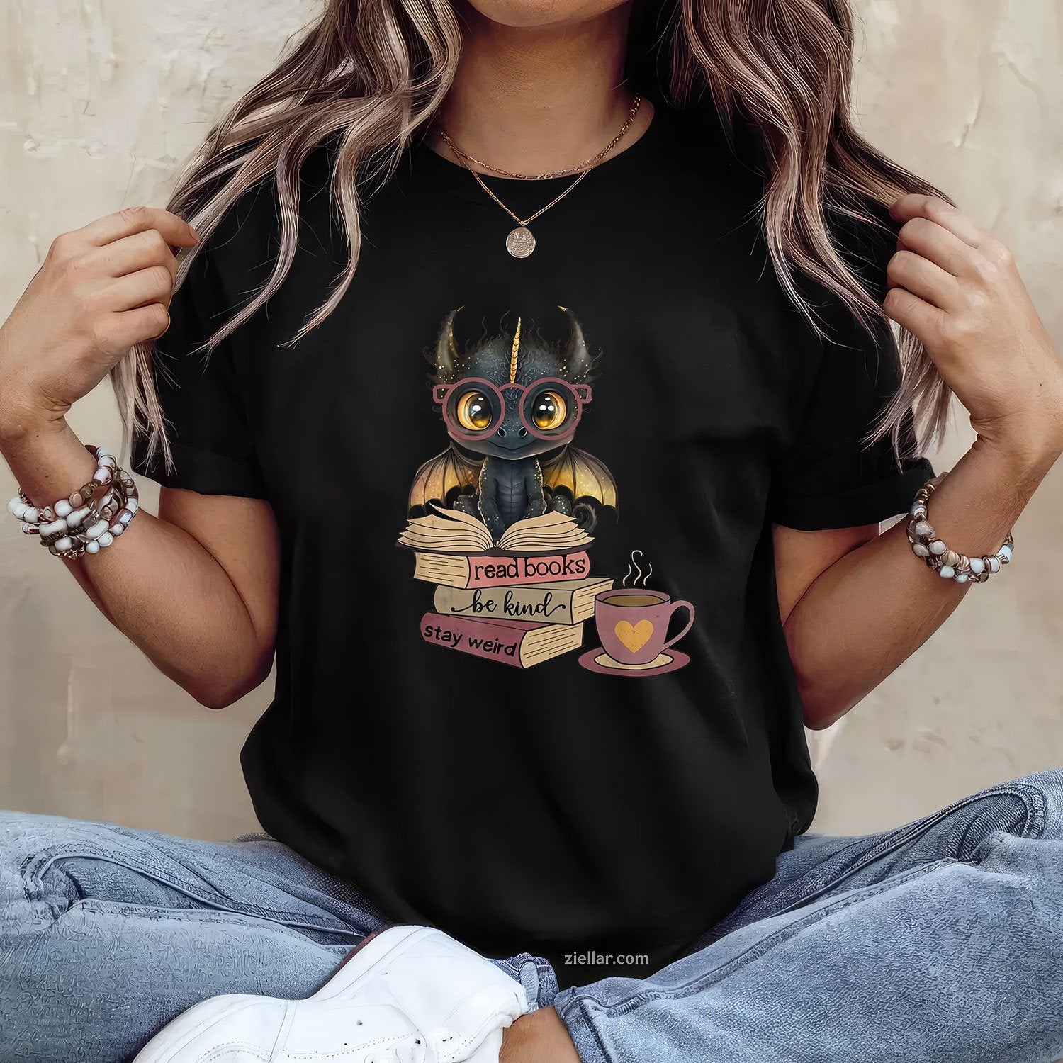 Funny Dragon Read Books Be Kind Stay Weird Book Lover T-Shirt