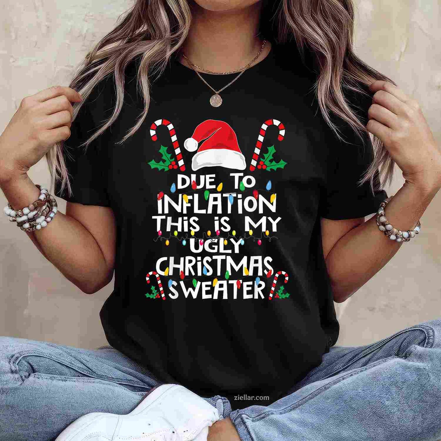 Funny Due To Inflation Ugly Christmas Sweaters For Men Women T-Shirt_ Funny Holiday Gag Gift Tee