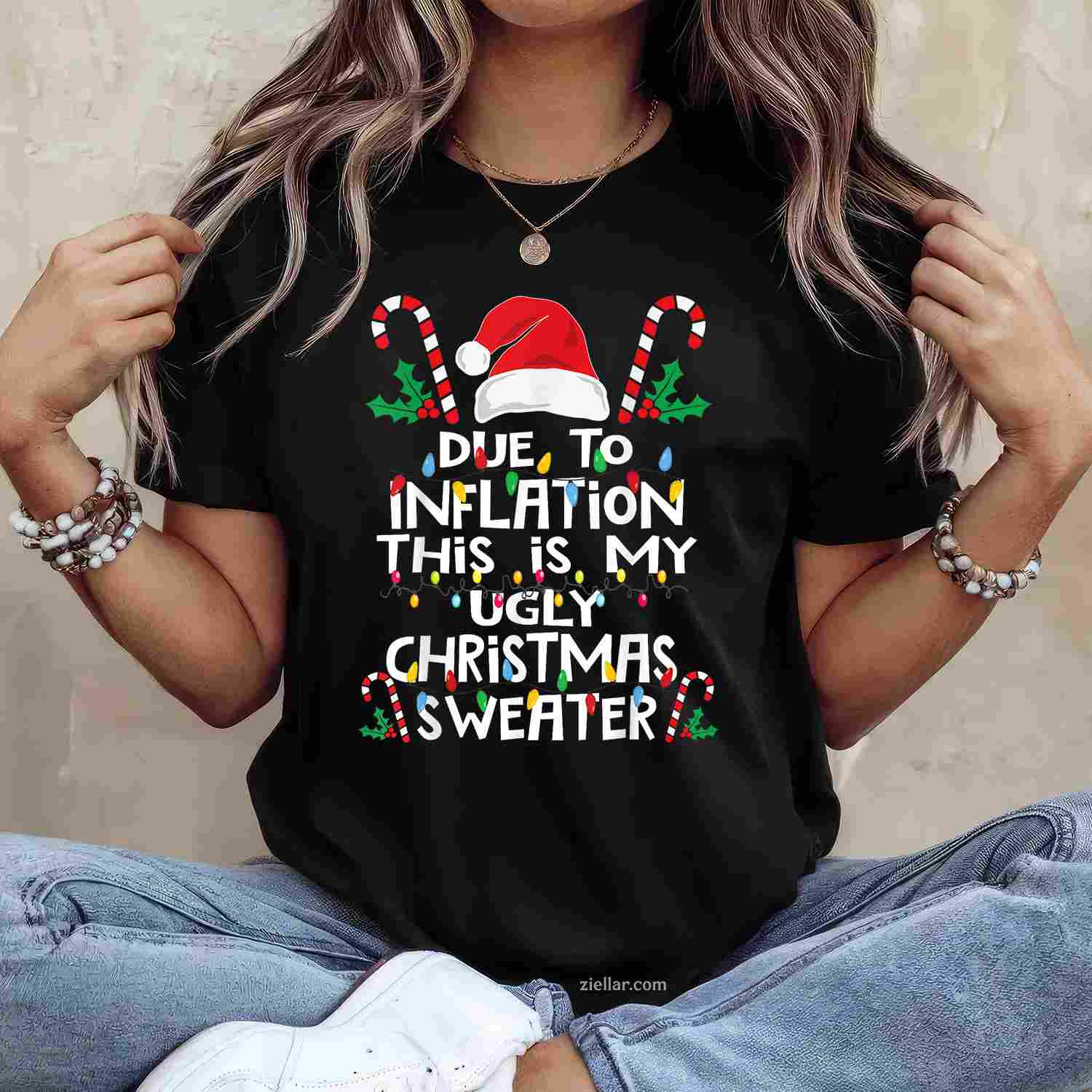 Funny Due To Inflation Ugly Christmas Sweaters For Men Women T-Shirt_ Funny Holiday Gag Gift Tee