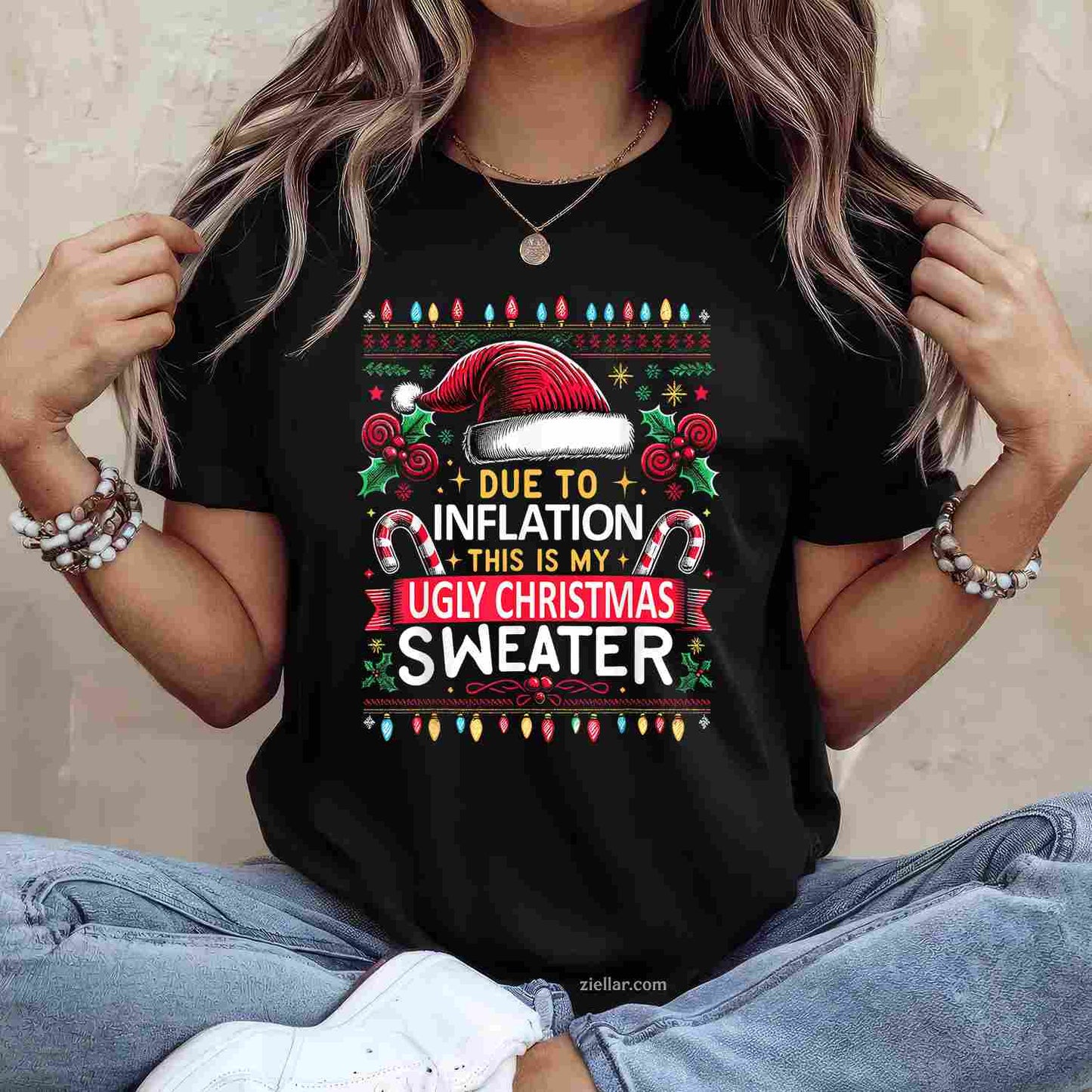Funny Due To Inflation Ugly Christmas Sweaters Christmas T-Shirt_ Humorous Holiday Party Gag Gift Tee