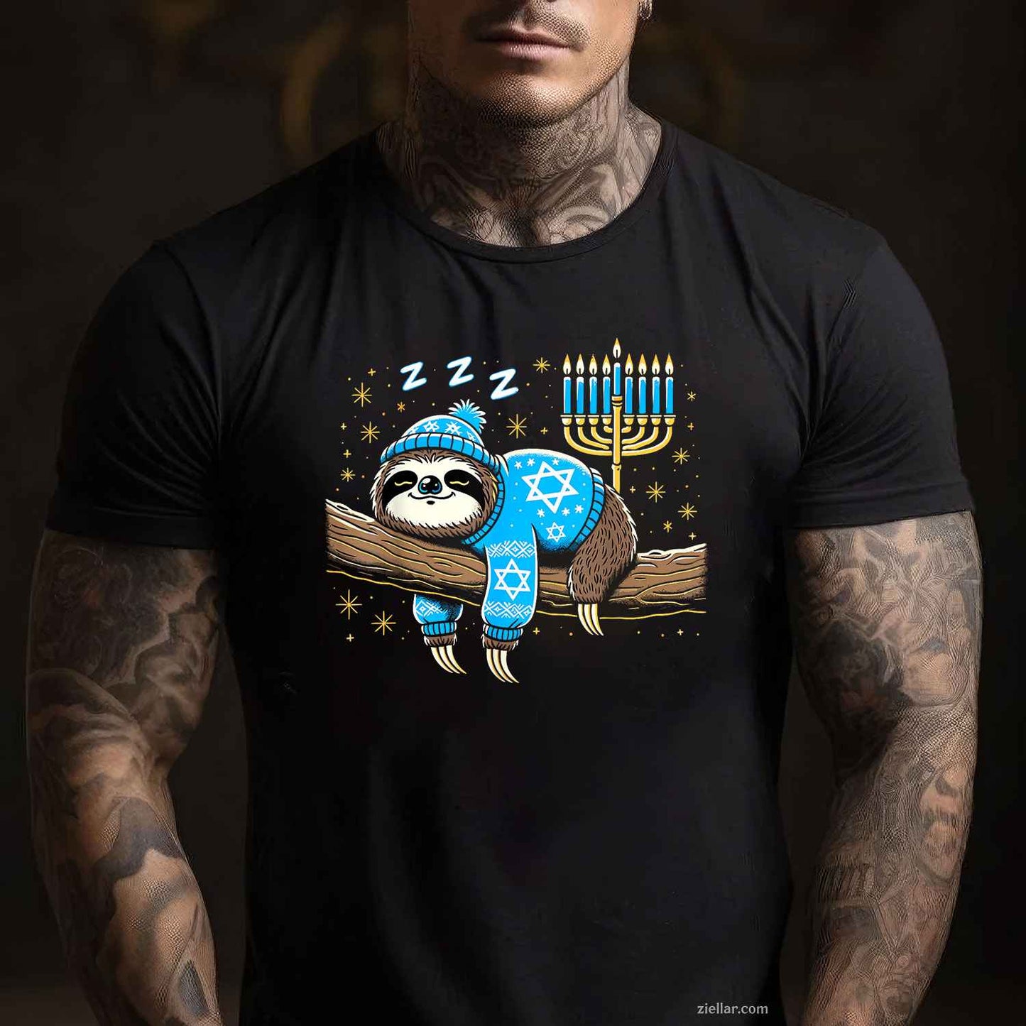 Funny Hanukkah Sloth Jewish Chanukah Sleeping Hanukkah Pjs T-Shirt_ Cute Pajama Tee For The Holiday