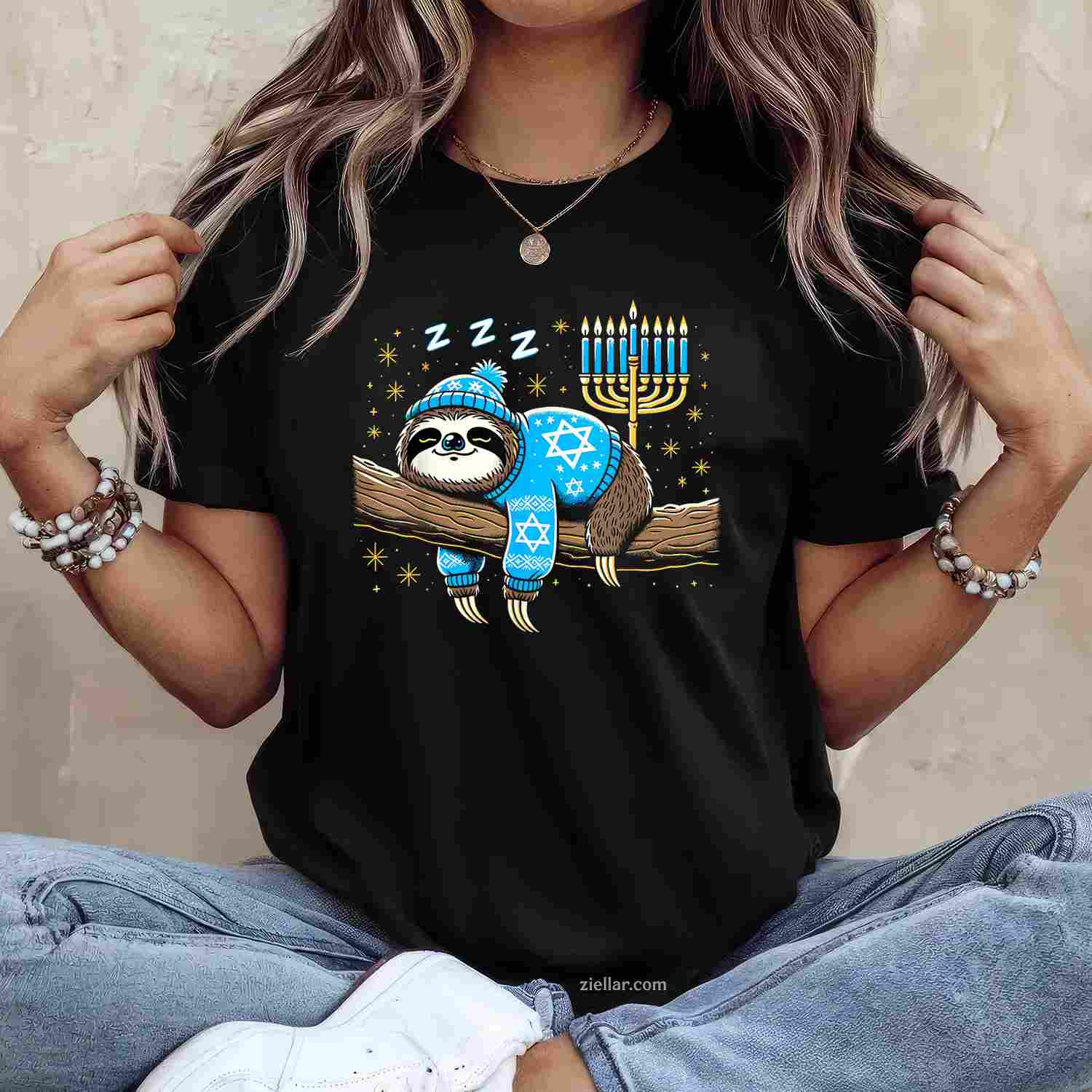 Funny Hanukkah Sloth Jewish Chanukah Sleeping Hanukkah Pjs T-Shirt_ Cute Pajama Tee For The Holiday
