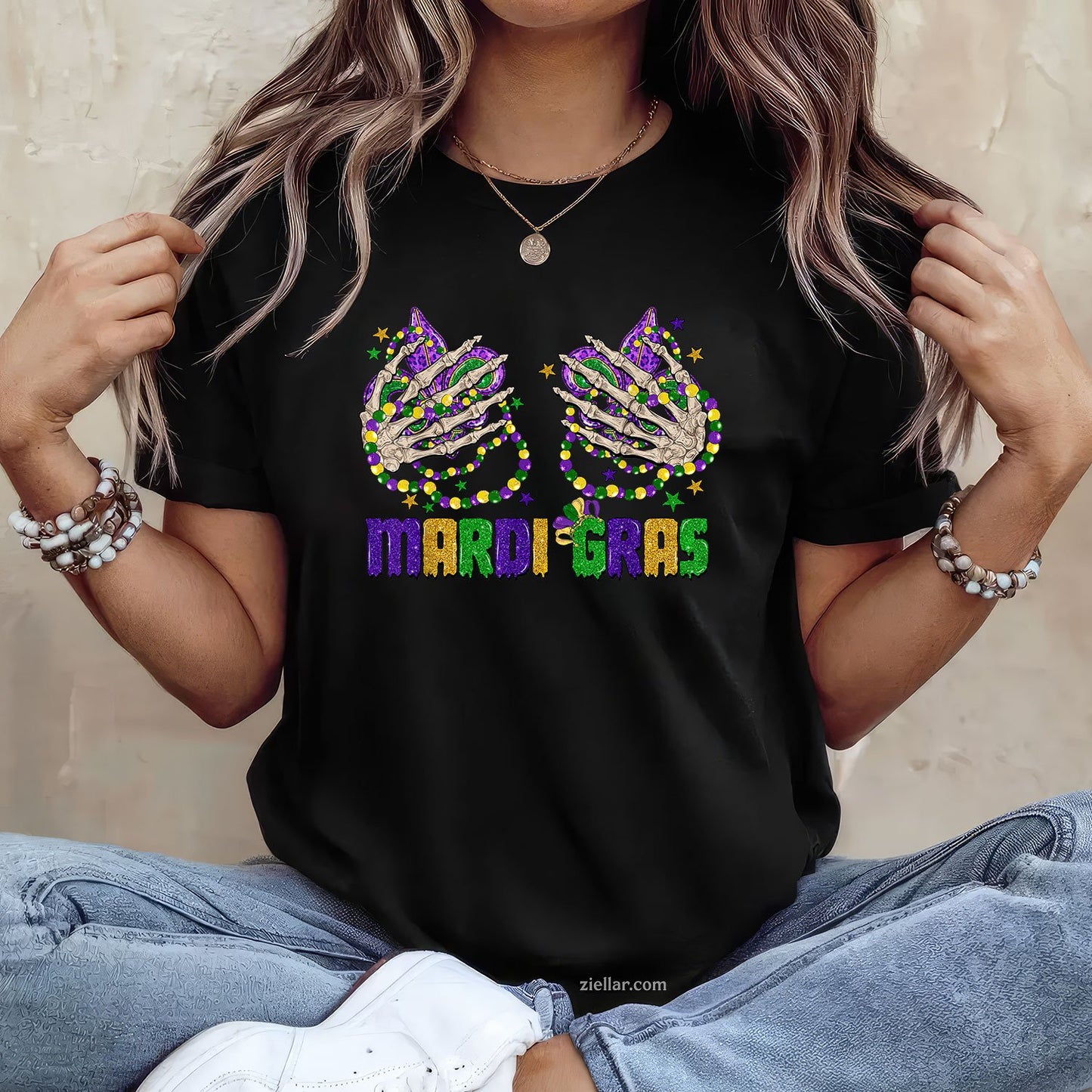 Funny Skeleton Hands Mardi Gras Tee and T-Shirt, Beads & Fleur-de-lis T-Shirt Gift for Carnival Lovers