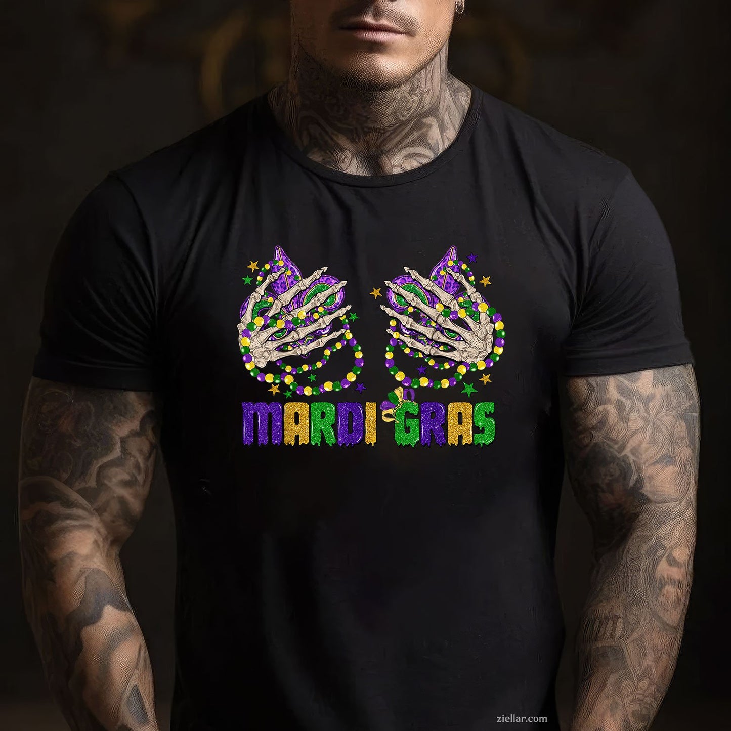 Funny Skeleton Hands Mardi Gras Tee and T-Shirt, Beads & Fleur-de-lis T-Shirt Gift for Carnival Lovers
