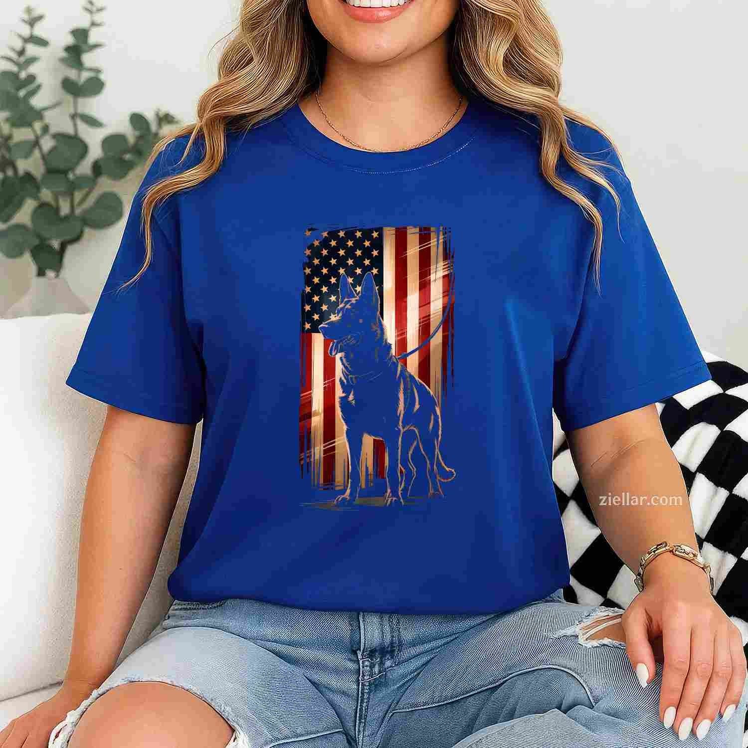 German Shepherd American Flag 4th Of July Patriot Men Women T-Shirt Tee