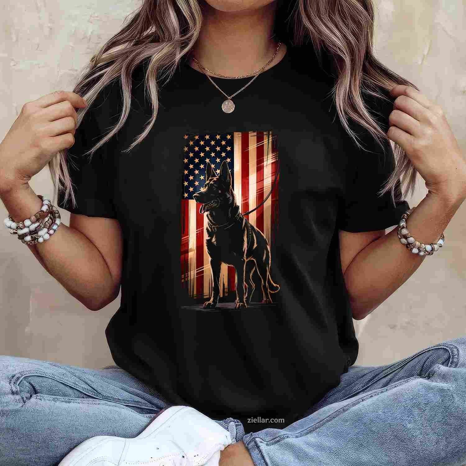 German Shepherd American Flag 4th Of July Patriot Men Women T-Shirt Tee