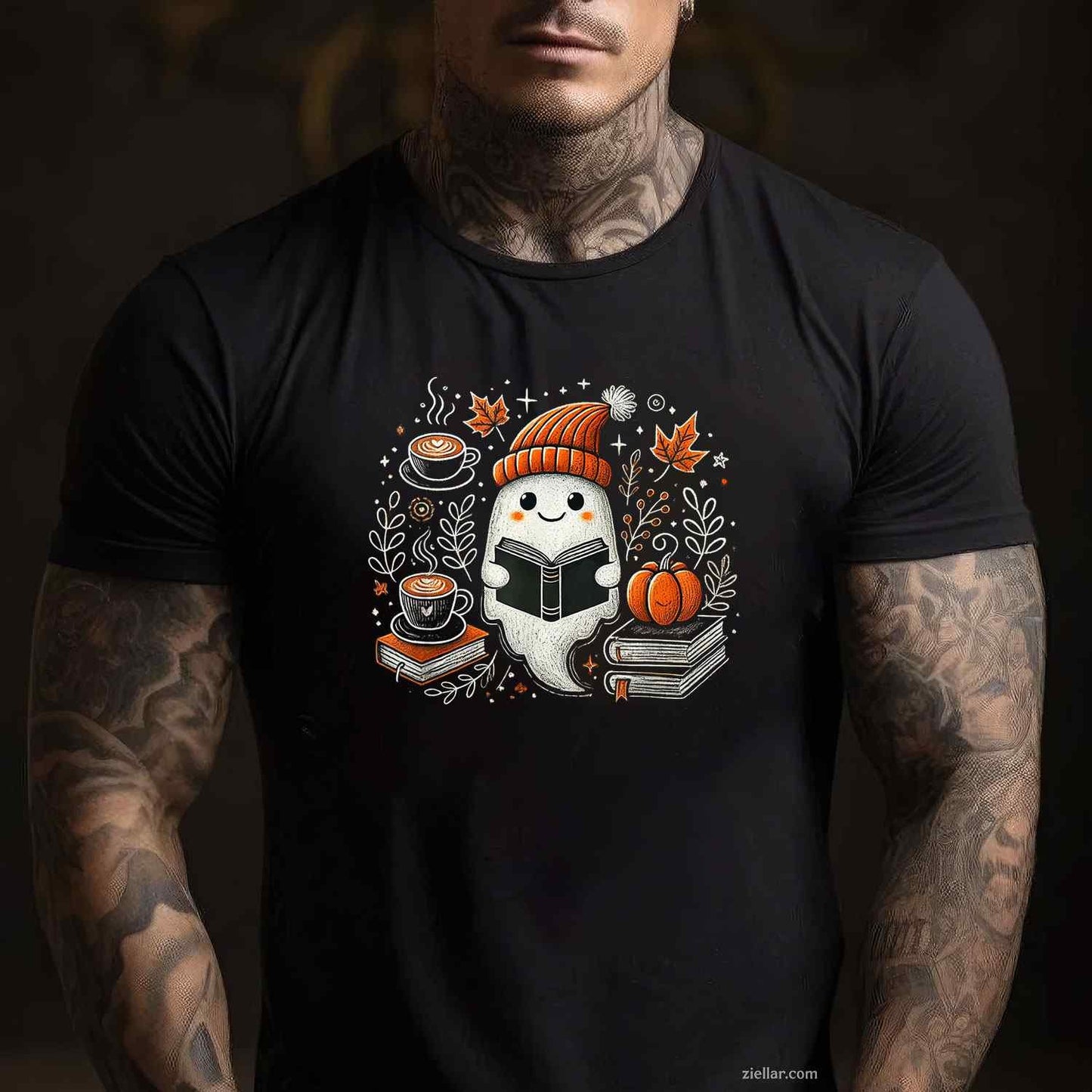 Ghost Reading Book Pumpkin Coffee Autumn Leaves Fall Spirit Tee, Pumpkin T-Shirt for Men Women Adults Unisex, Cool Casual Street Style, Premium Quality