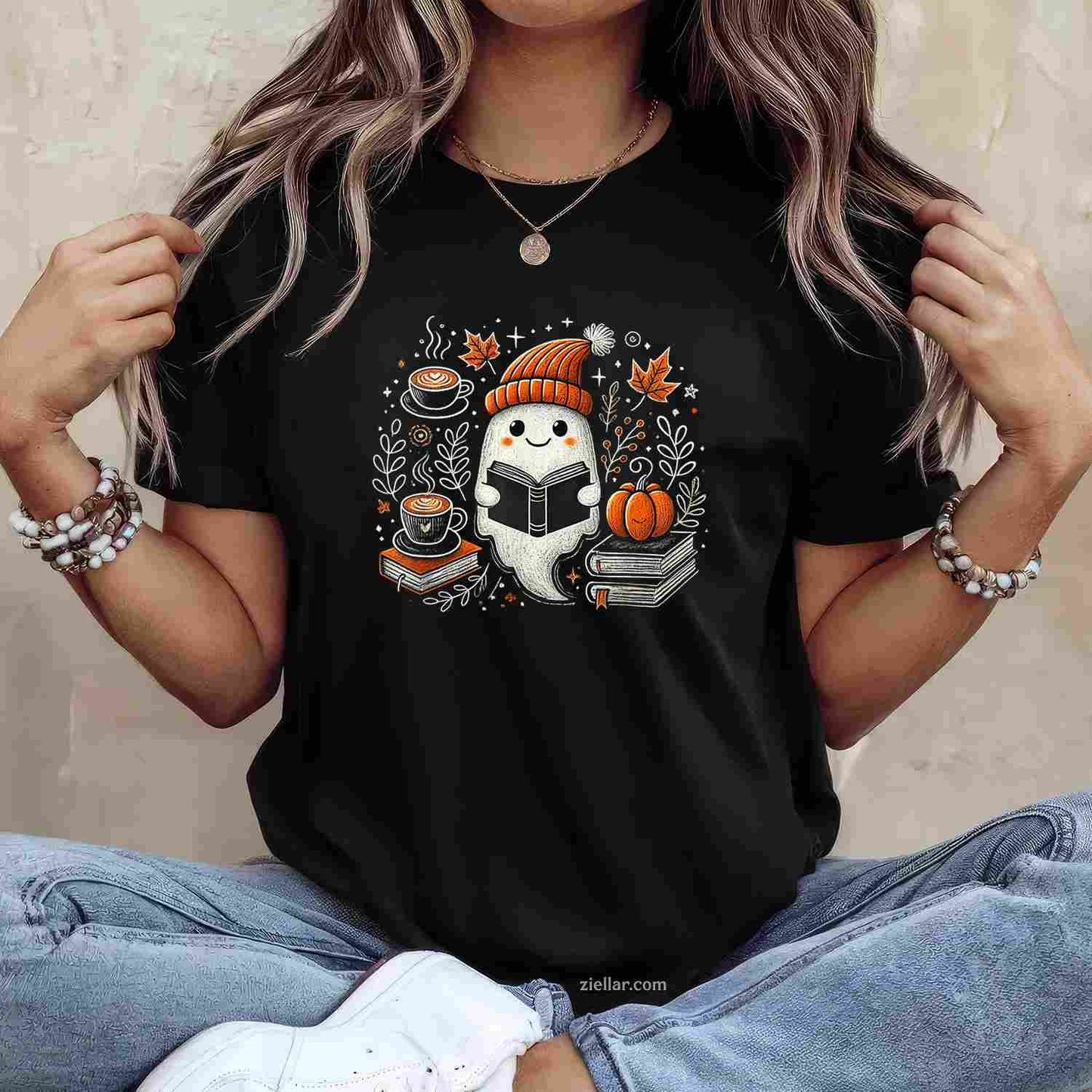 Ghost Reading Book Pumpkin Coffee Autumn Leaves Fall Spirit Tee, Pumpkin T-Shirt for Men Women Adults Unisex, Cool Casual Street Style, Premium Quality