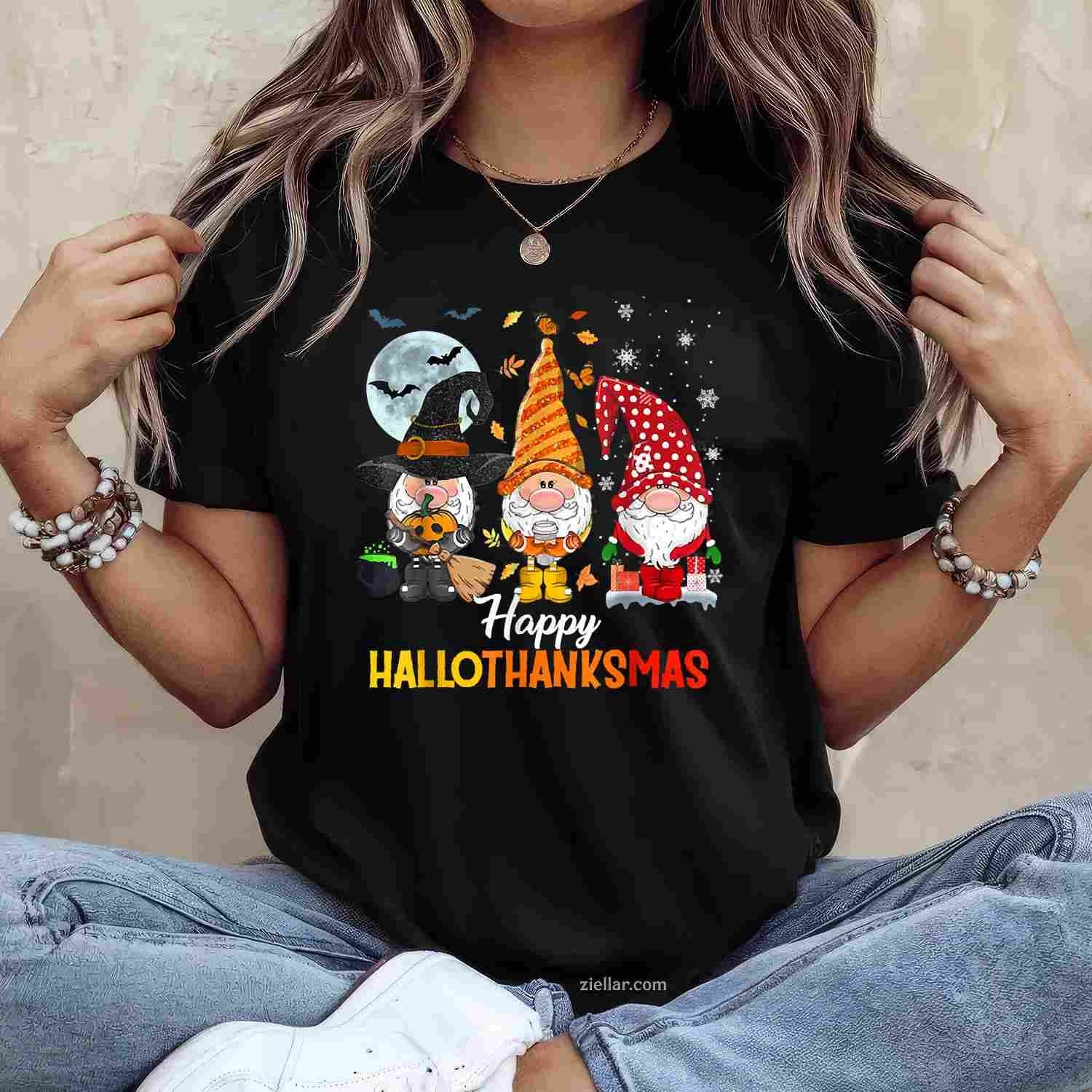 Gnomes Lover Halloween Merry Christmas Happy Hallothanksmas Tee, Halloween T-Shirt for Men Women Adults Unisex, Bold Statement Graphic, Party Outfit Favorite