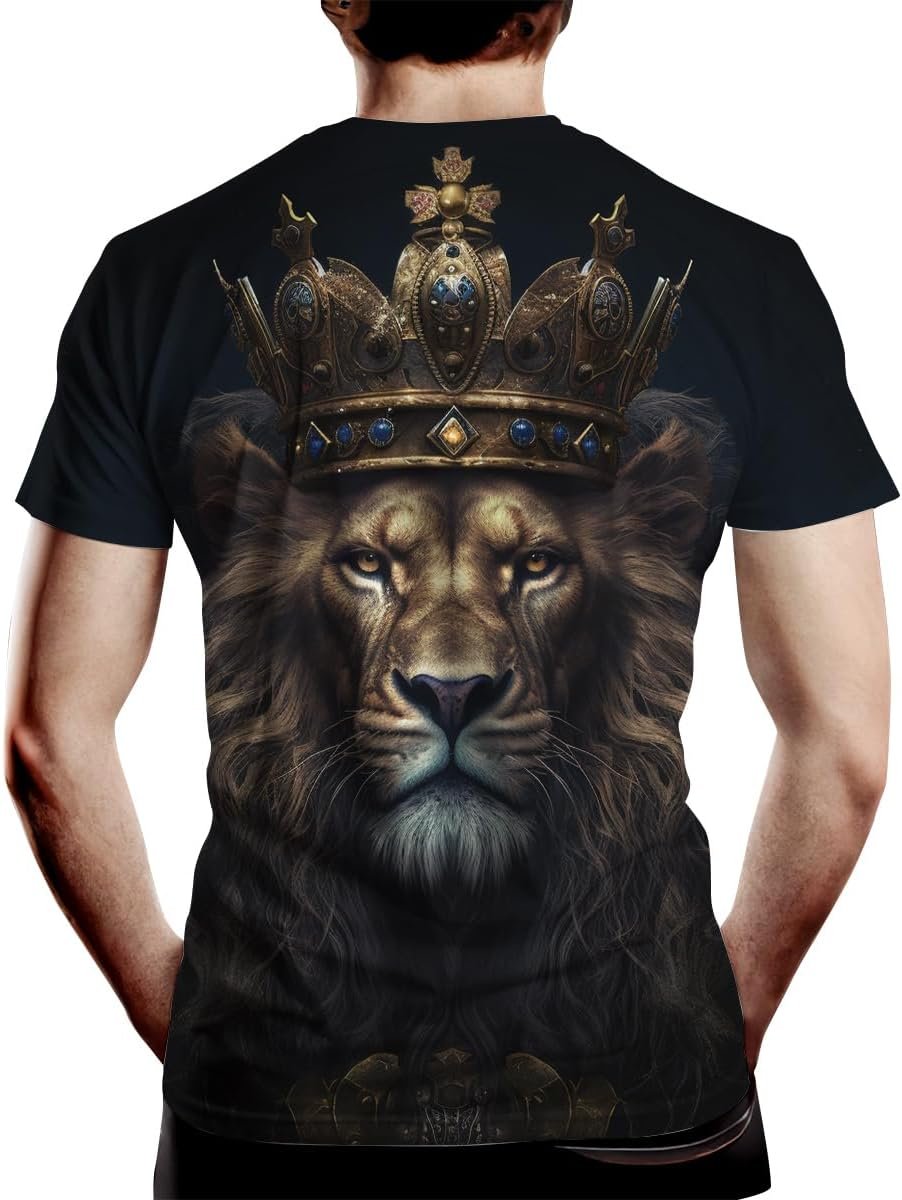 Golden Lion King Crown Graphic Tee for Men, Funny Royal Style 3D T-Shirt with Cool Pattern Print
