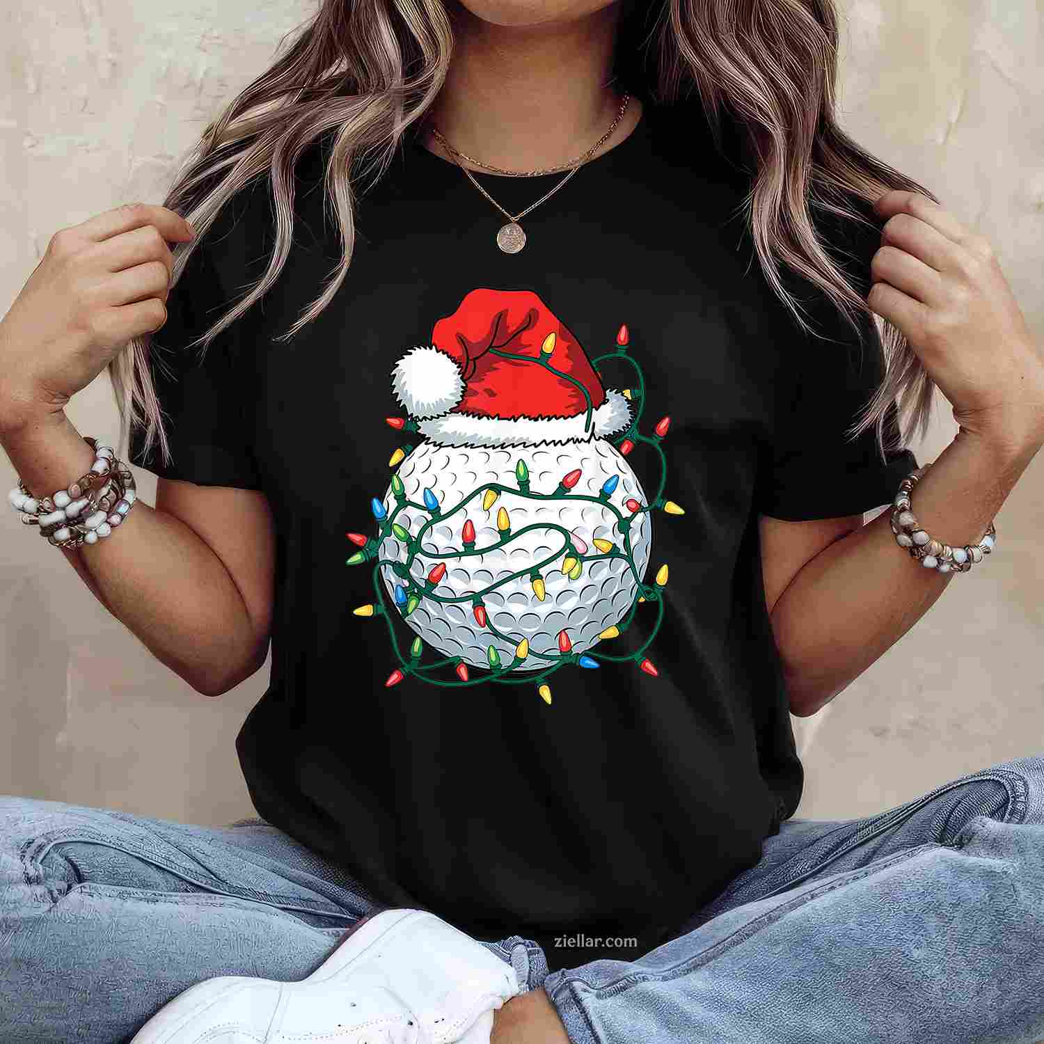 Golf Ball Santa Hat Men Womens Christmas Golfing Xmas Lights T-Shirt, A Funny Golfing Santa Hat Christmas Tee