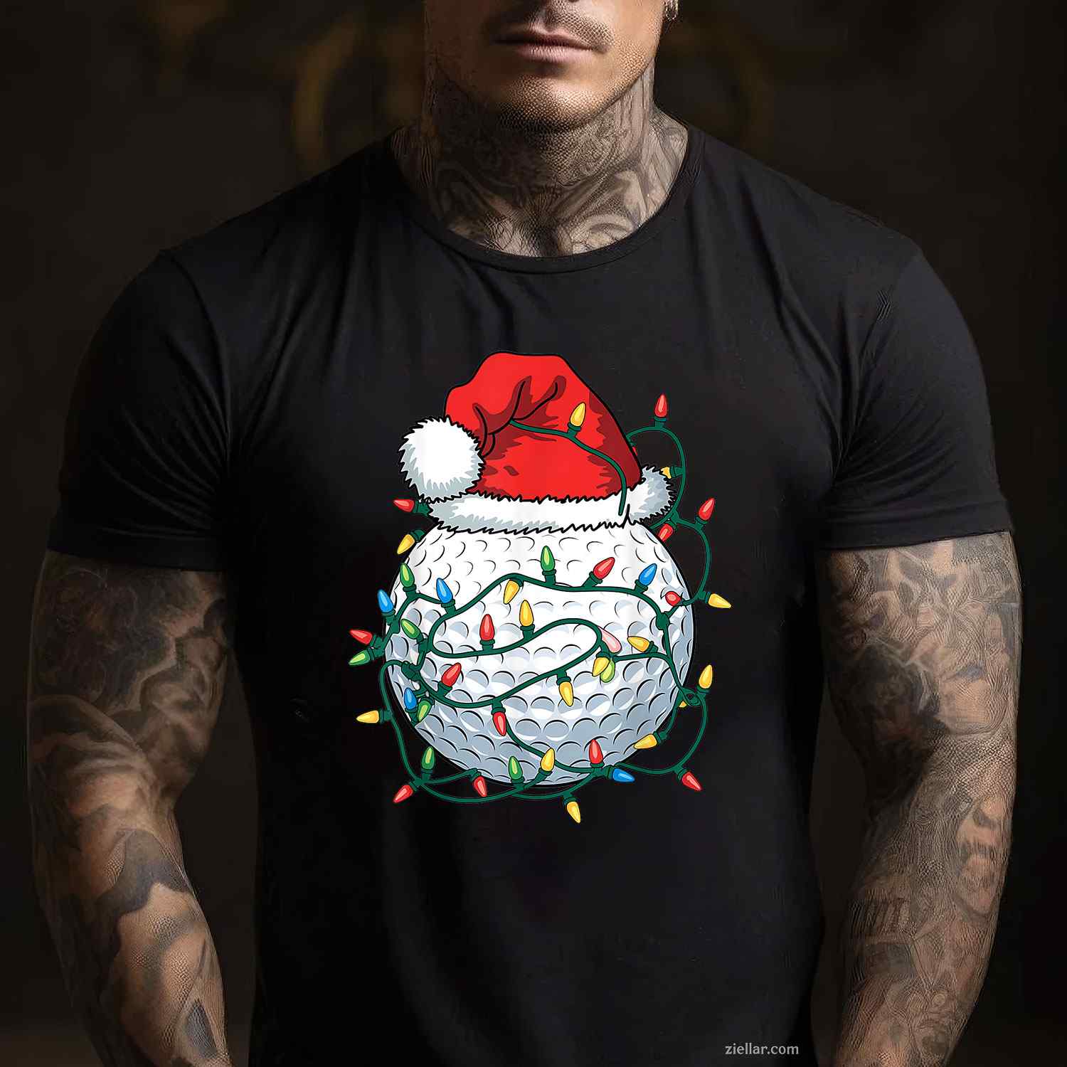 Golf Ball Santa Hat Men Womens Christmas Golfing Xmas Lights T-Shirt, A Funny Golfing Santa Hat Christmas Tee