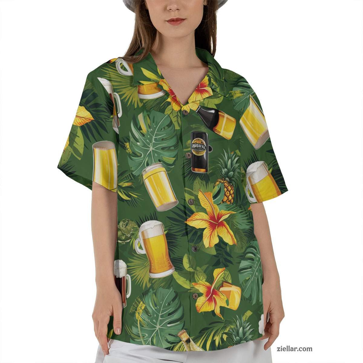 Green Beer & Pineapple Hawaiian Shirt and Tee, Fun Summer Aloha Beachwear